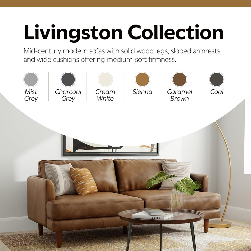 SIMPLIHOME Livingston Sofa - 76' Wide x 33' High Top Grain Genuine Leather Sofa in Caramel Brown, Mid-Century Modern Loveseat with Removable Feather-Wrapped Cushions and Solid Wood Frame