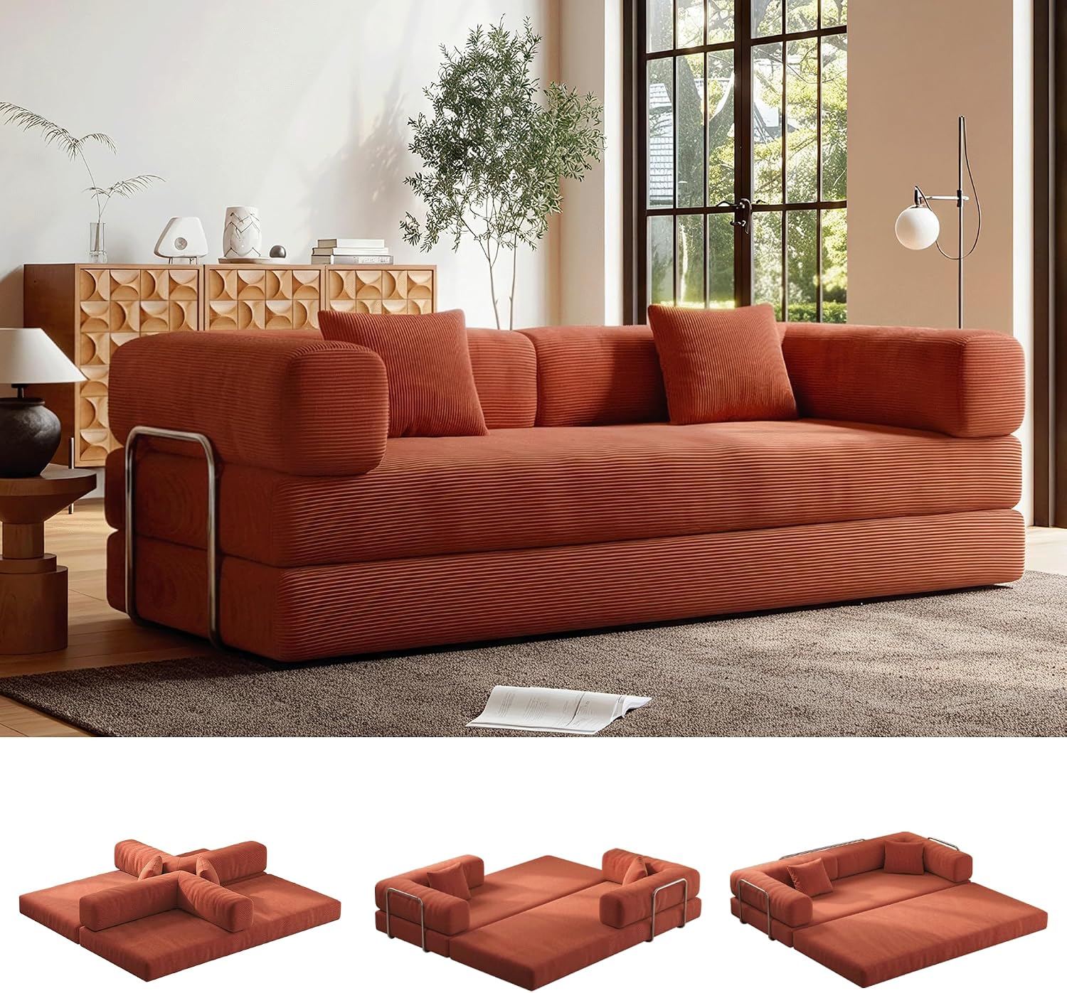 5-in-1 Folding Convertible Sofa Bed, Loveseat Sleeper with Pull-Out Bed, Floor Sofa Modular Futon Couch, 79' Oversized Corduroy Upholstered Boneless Couch for Living Room, Bedroom, Lounge, Orange-A
