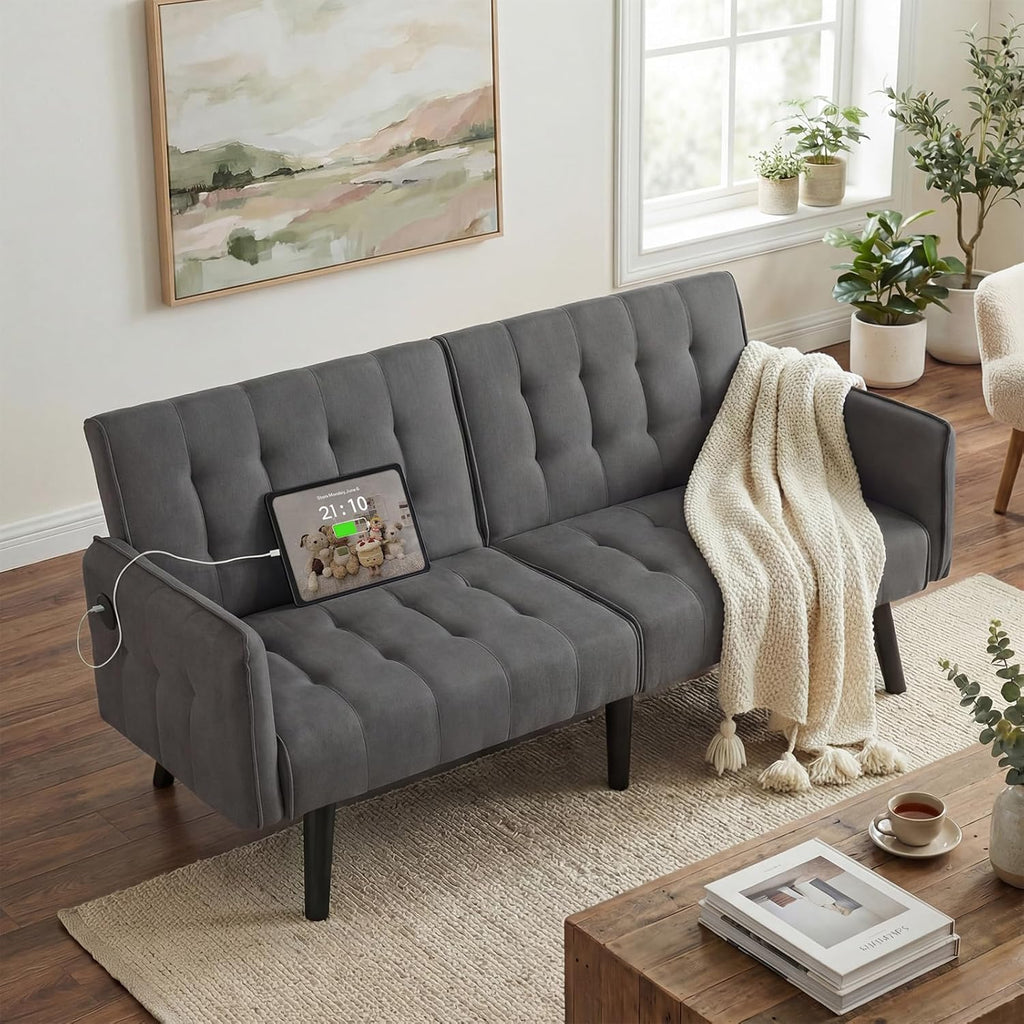 TYBOATLE 65' Convertible Futon Sofa Bed w/ 2 USB, Upholstered Tufted Small Adjustable Folding Couch Loveseat, Modern Mid Century Sleeper Sofa for Living Room, Bedroom, Apartment, Office (Dark Grey)
