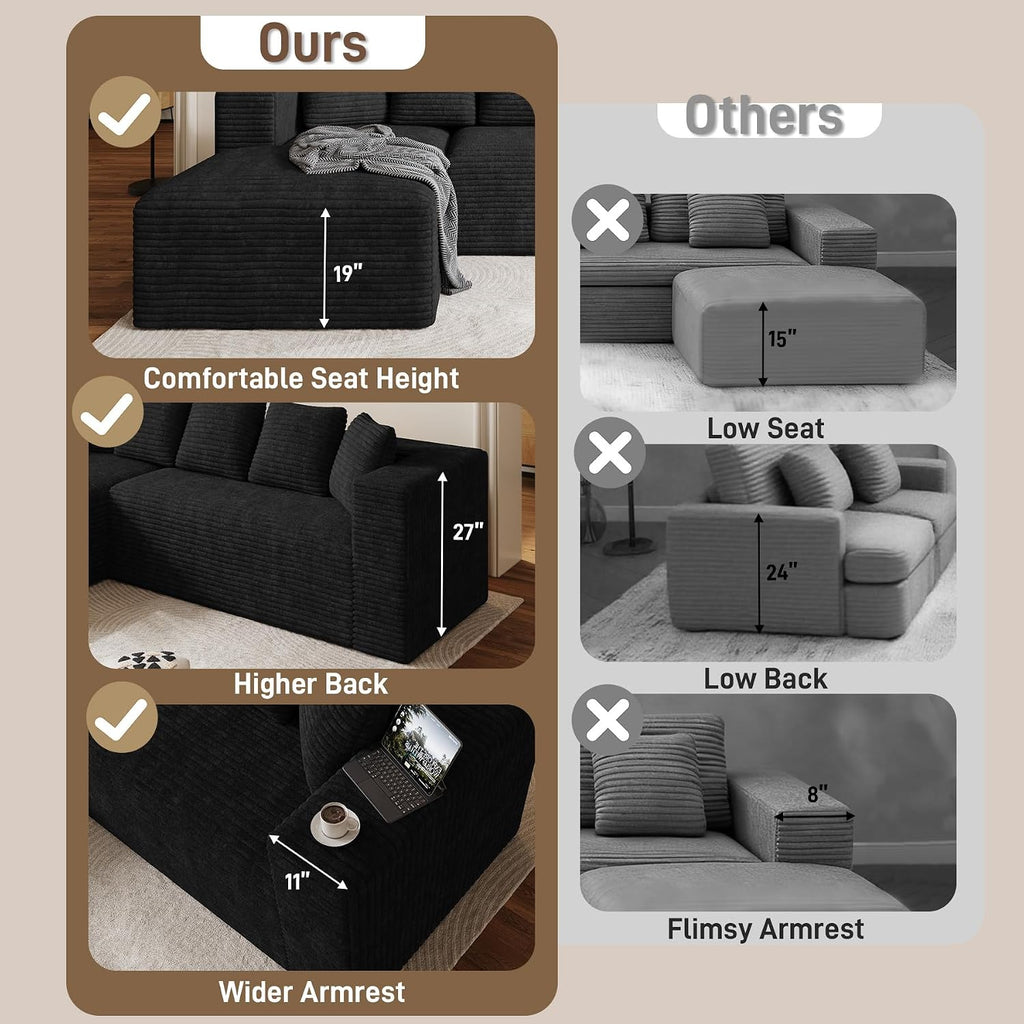 Oversized L Shaped Boneless Sectional Couches for Living Room, 107' Comfy Fluffy Cloud Modular Sectional Sofa, Plush Corduroy Memory Foam Floor Sofa with Left Facing Chaise Couch