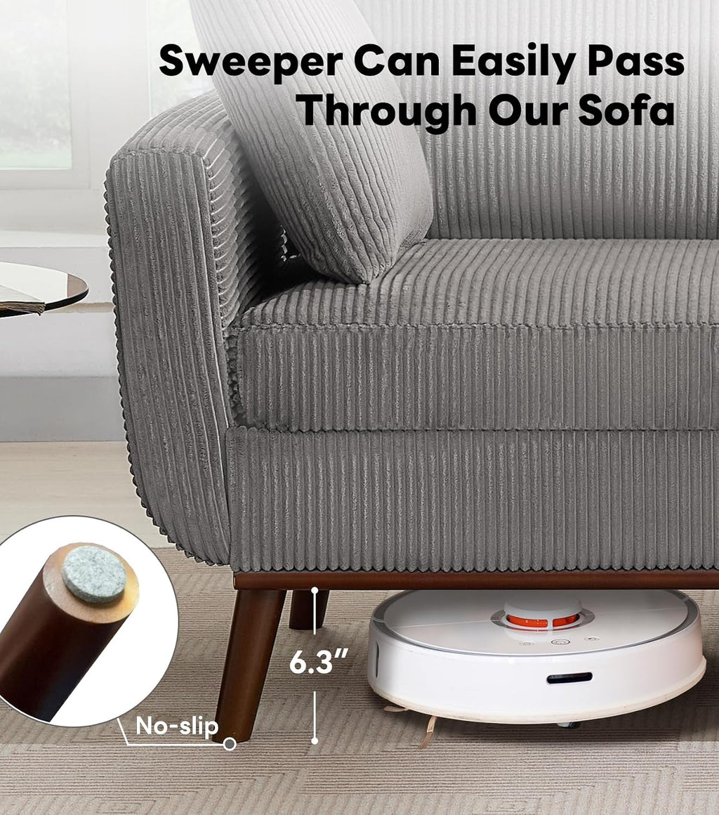 Kingfun 65' Corduroy Love Seat with Spring Cusions, Mid Century Modern Loveseat Sofa for Livingroom & Bedroom, Comfy Upholstered Small Couch, Gray