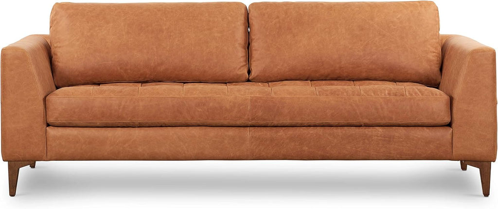 Poly & BARK Calle 90' Sofa Full-Grain Pure-Aniline Italian Leather in Cognac Tan, Solid Wood Legs