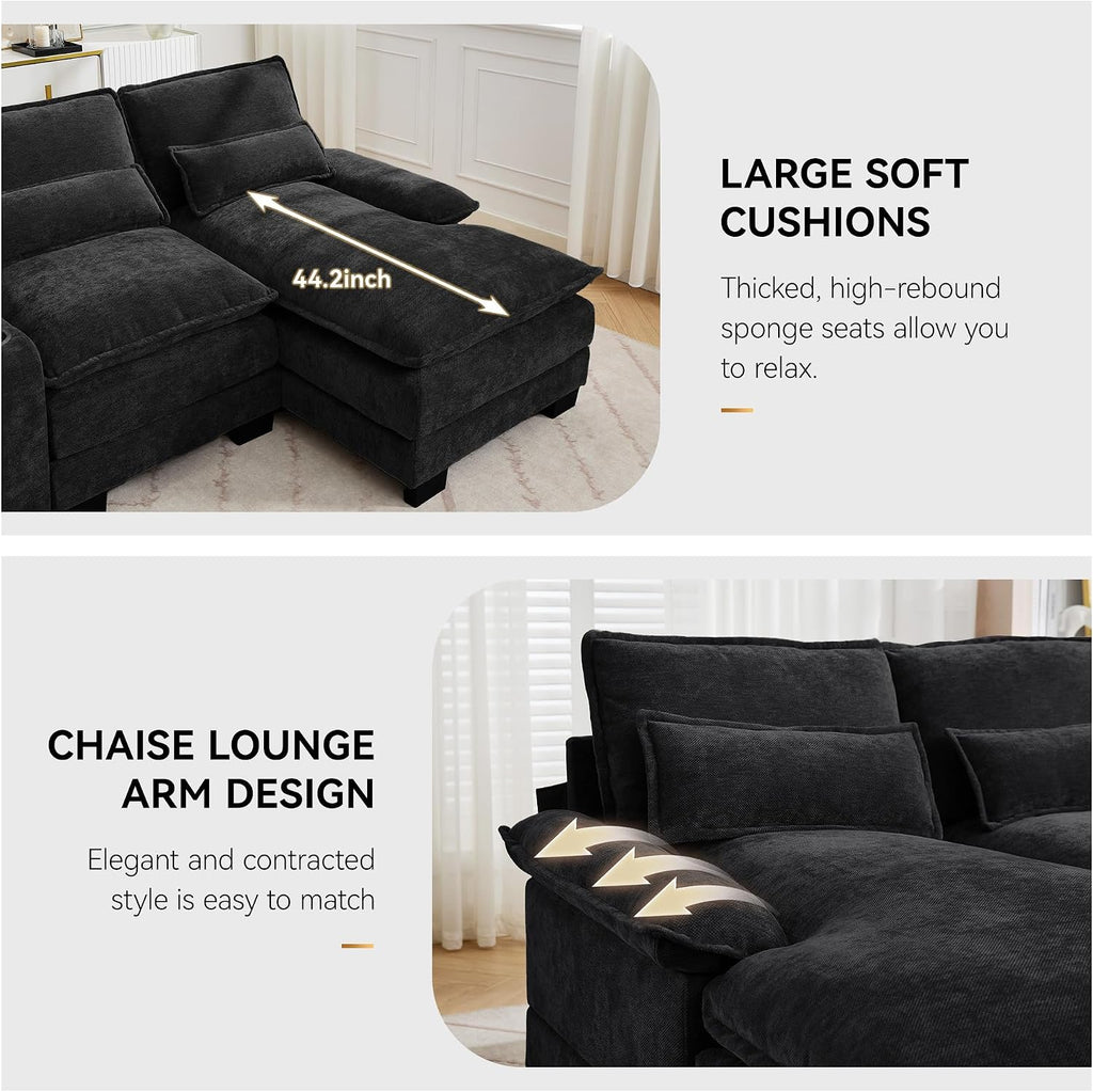 125'' U Shaped Cloud Modular Sofa with Chaise Lounges, Chenille Upholstered Comfy Sectional Couch with Storage Console, USB Charging Ports & Cup Holders, Small Deep Seat Sofa for Living Room, Black