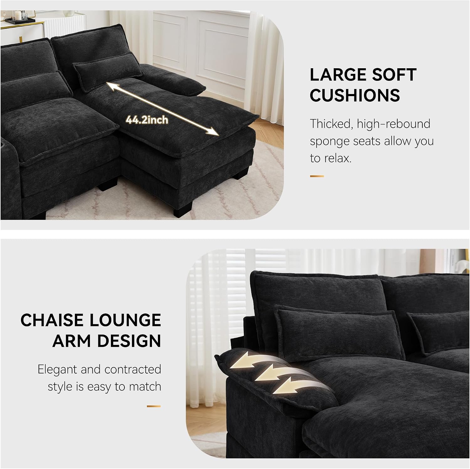 125'' U Shaped Cloud Modular Sofa with Chaise Lounges, Chenille Upholstered Comfy Sectional Couch with Storage Console, USB Charging Ports & Cup Holders, Small Deep Seat Sofa for Living Room, Black