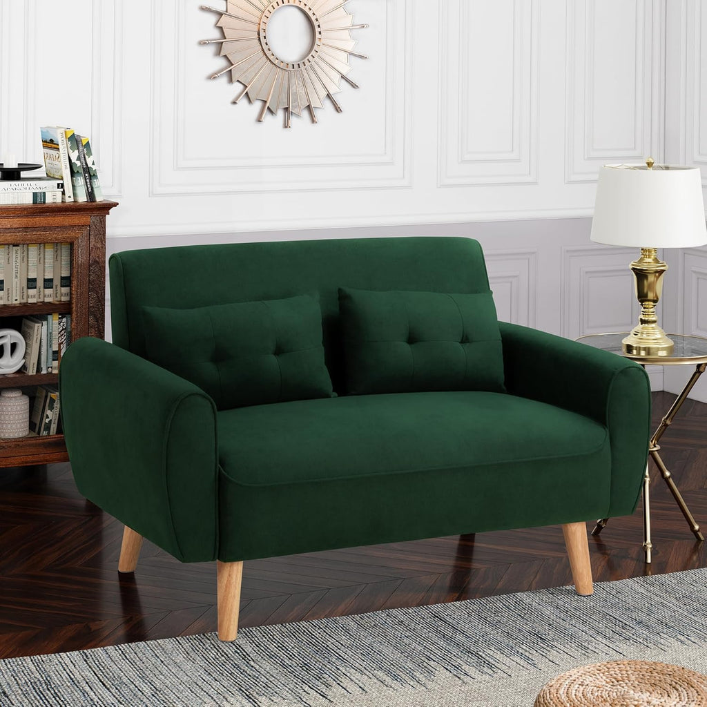Shintenchi 48'' Loveseat Sofa, Mid-Century Modern Upholstered Couch Deep Seat with 2 Pillows, 10' Thick Cushion with Spring, Solid Wood Frame Small Couch for Living Room, Dorms & Office, Green