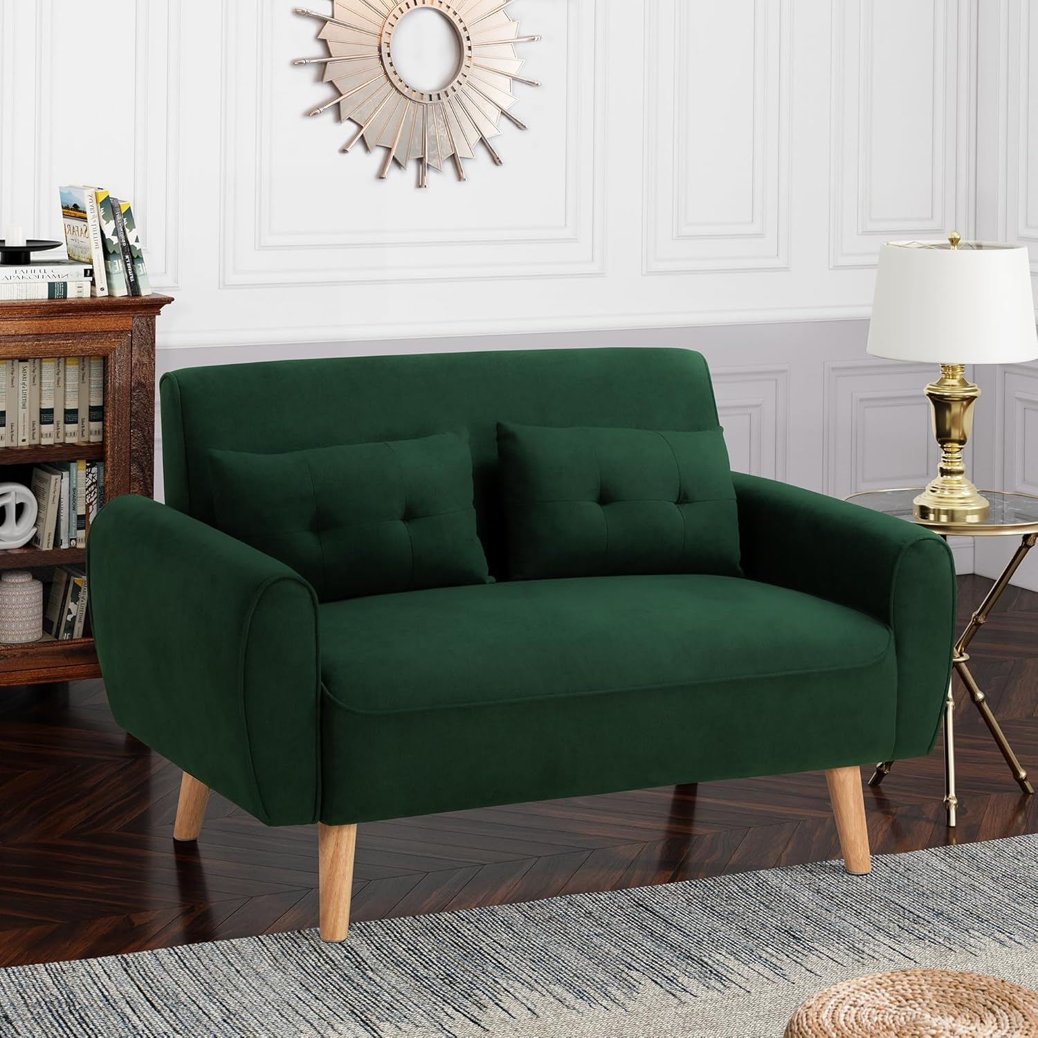 Shintenchi 48'' Loveseat Sofa, Mid-Century Modern Upholstered Couch Deep Seat with 2 Pillows, 10' Thick Cushion with Spring, Solid Wood Frame Small Couch for Living Room, Dorms & Office, Green
