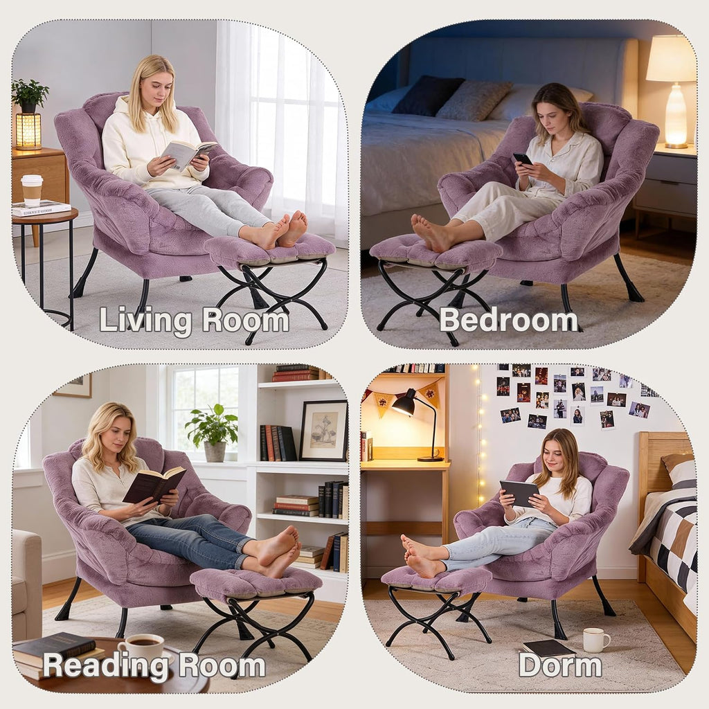 MBOOYOME Lazy Chair with Ottoman, Modern Accent Lounge Armchair with Side Pocket & Foldable Footstool, Leisure Reading Chair for Living Room, Bedroom, Dorm & Office, Plush Purple