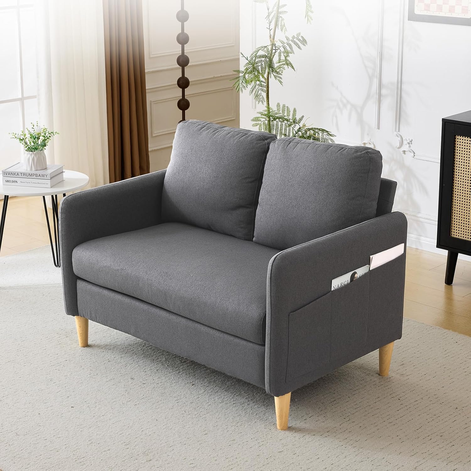 VINGLI 47' Small Couch, Dark Grey Linen Loveseat Sofa Mini Couch Mid Century Modern Decor Love Seat for Small Spaces Living Room, Bedroom, Play Room