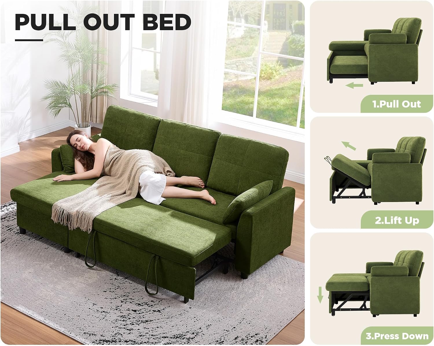VanAcc Sleeper Sofa, Sofa Bed with Storage Chaise, Convertible Sofa Bed with Pull Out Couch, l Shaped Couch for Living Room, Linen Green