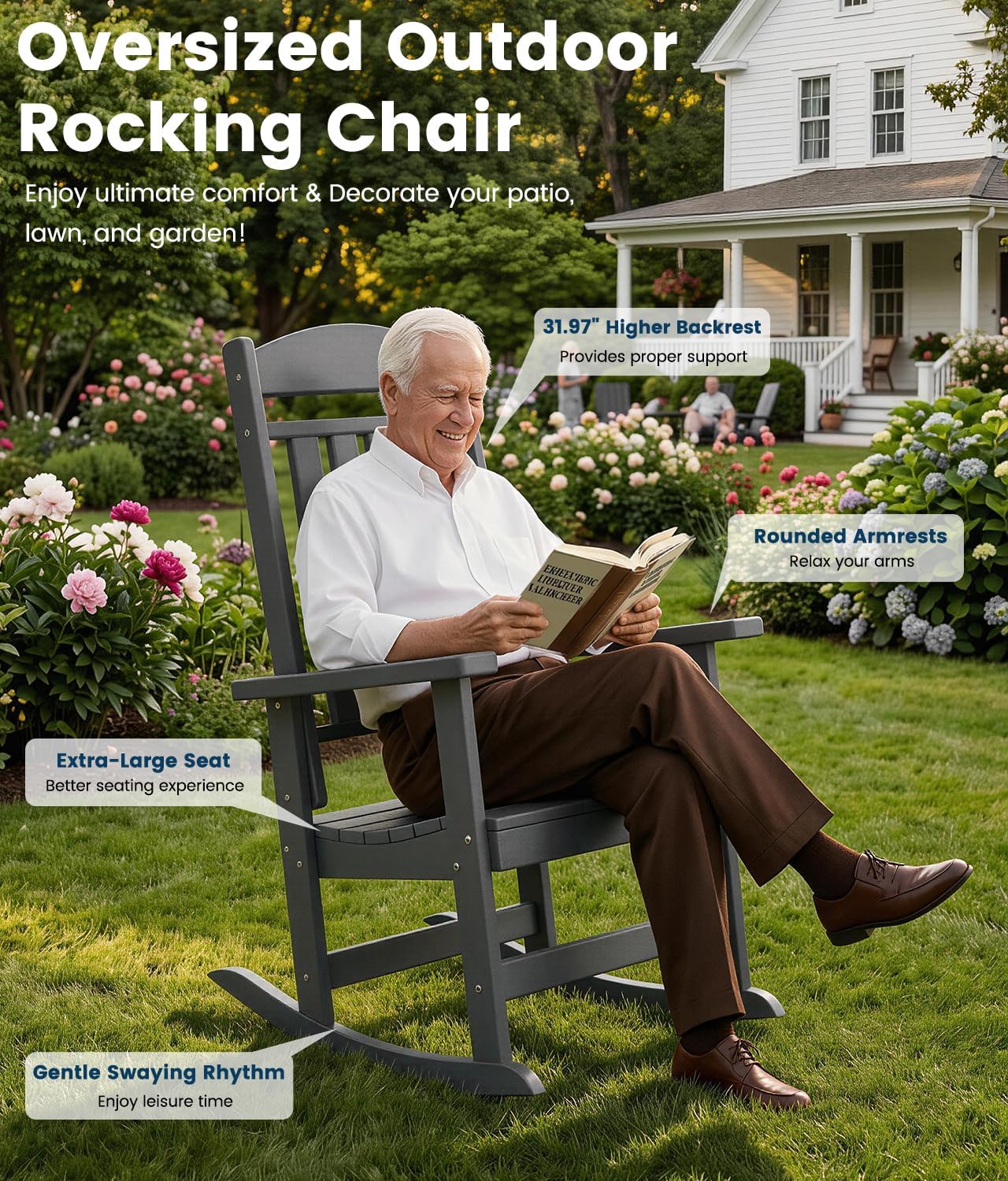 FOOWIN Outdoor Rocking Chair Set of 2, High Back Patio Rocking Chair, HDPE All Weather Resistant Porch Rocker for Adult, Oversized Rocking Chairs for Garden, Lawn, Indoor & Outdoor Use, Grey