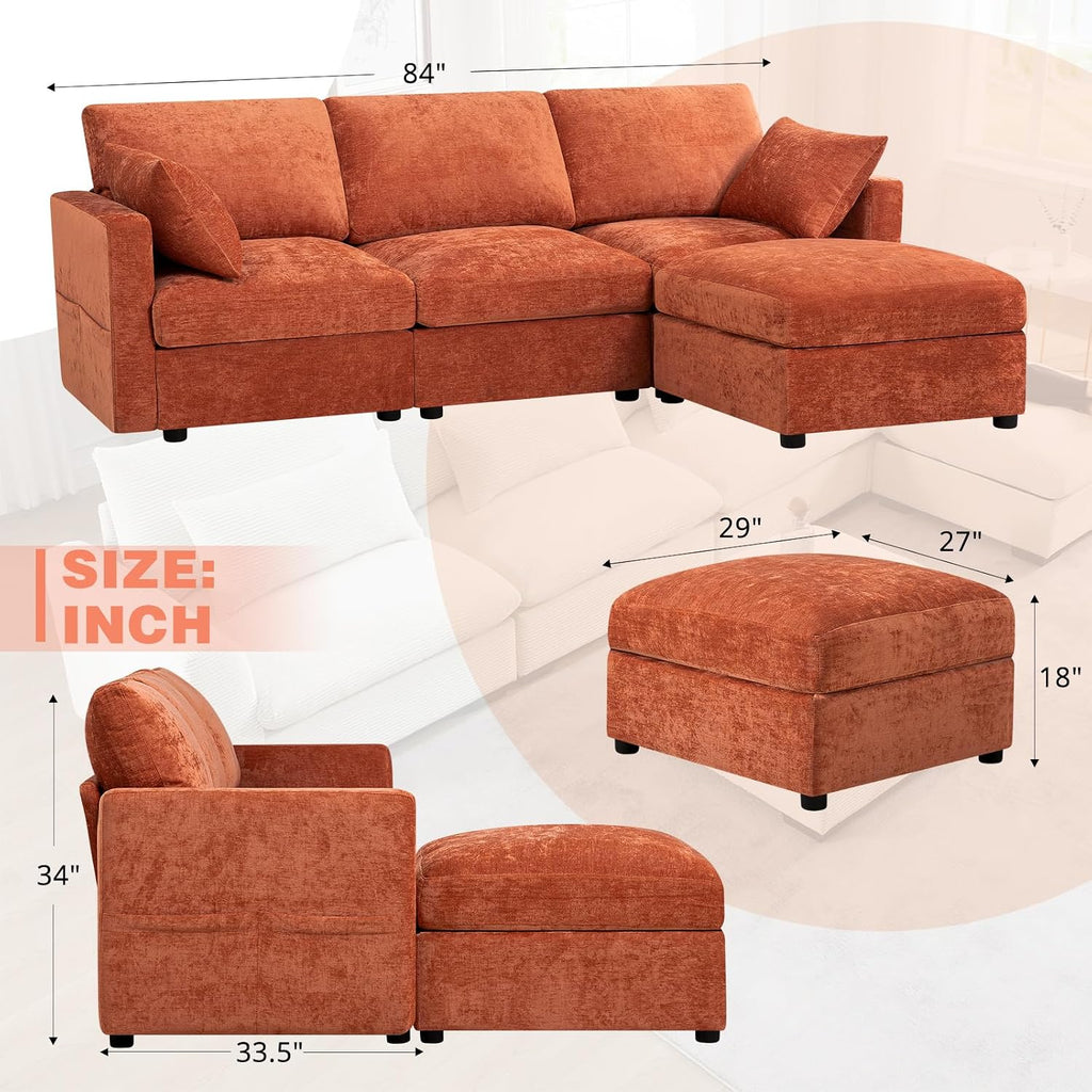 84' Chenille 3 Seater Sofa W/Movable Ottoman, Modern Fabric L-Shaped Couch w/Soft Backrests, Upholstered Sectional Sofa w/Arm Pillows for Living Room, Office, Orange