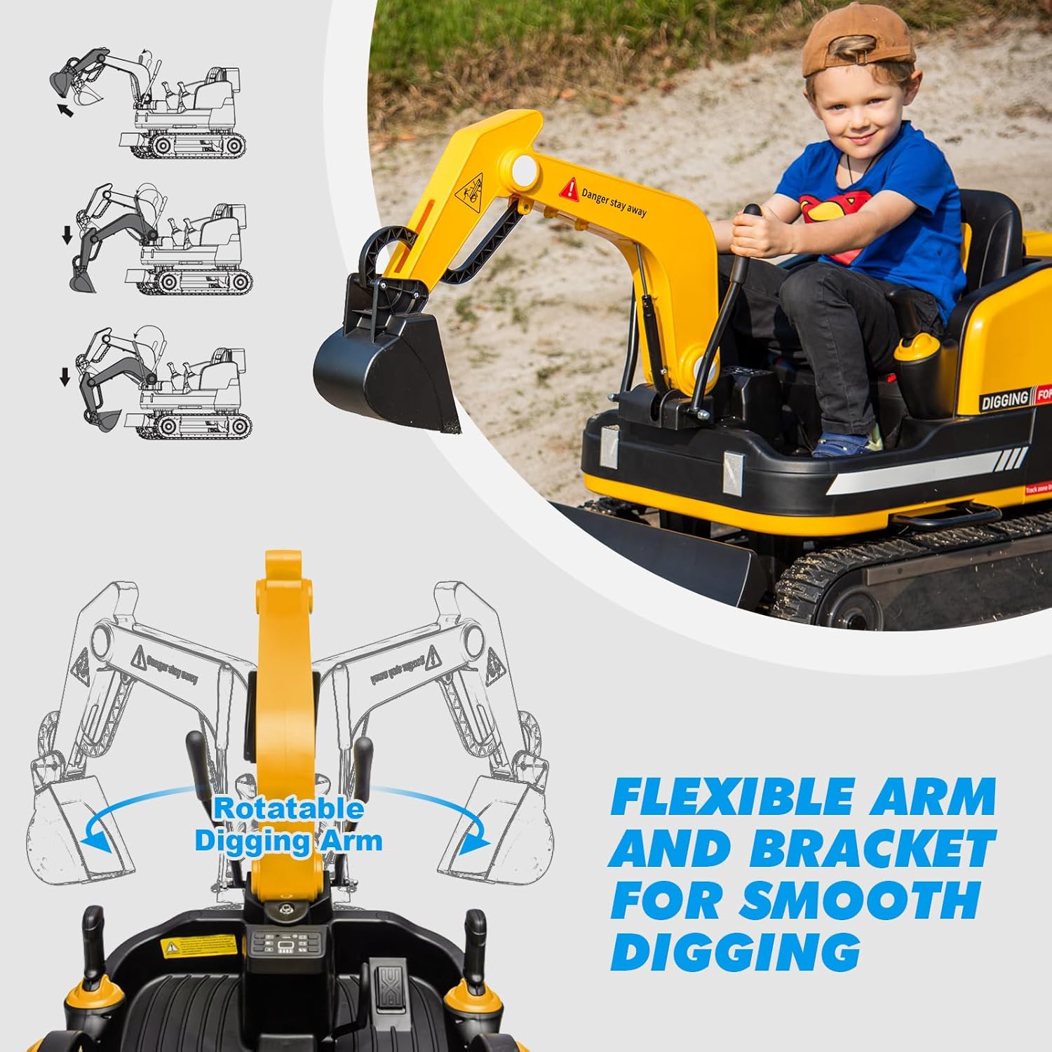 JOYLDIAS 360 Degree Rotating Ride On Excavator and Bulldozer,12V12AH Battery Powered Ride On Toy Backhoe W/Track Design Wheels for All Terrain,Remote Control,MP3,Toolbox for Kids,Parent,Yellow