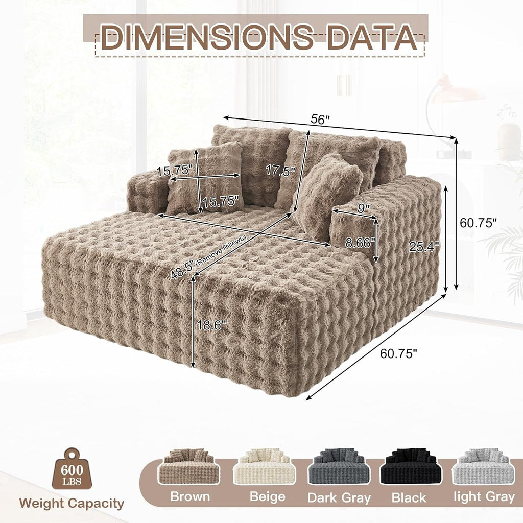JEEOHEY 56' W Oversized Chaise Lounge Chair Indoor,Plush Faux Fur Sleeper Couch Sofa Bed with Pillows,Fluffy Comfy Cloud Sofa,Compression Foam Boneless Couch for Living Room,Bedroom(Bubble, Brown)