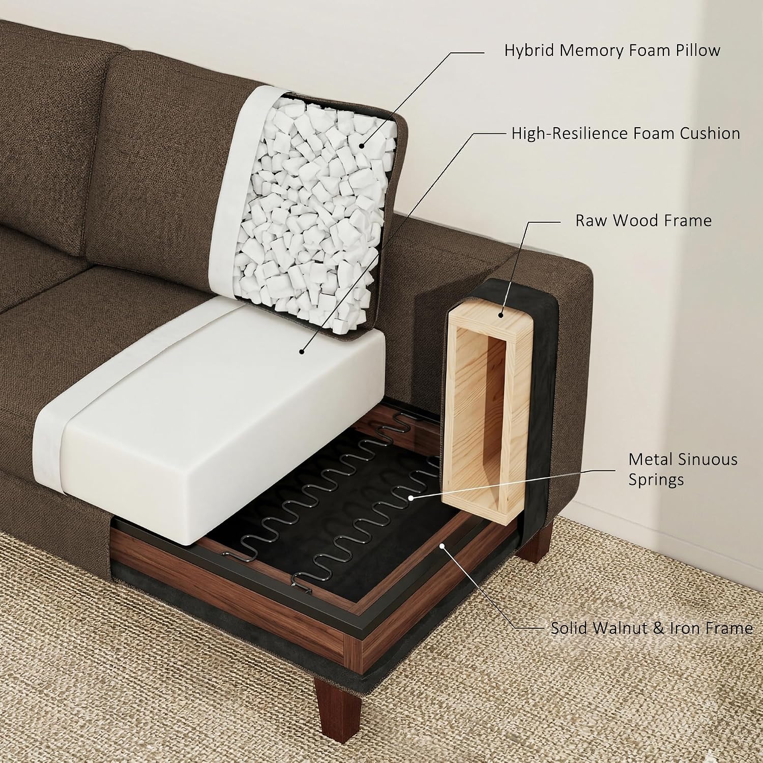 Gericco Mid Century Modern Couches for Living Room, 89' Comfy Brown Couch Sofa with 3-Seater Deep Seats, Upholstered Sofas for Living Room, Office Apartment, Bedroom