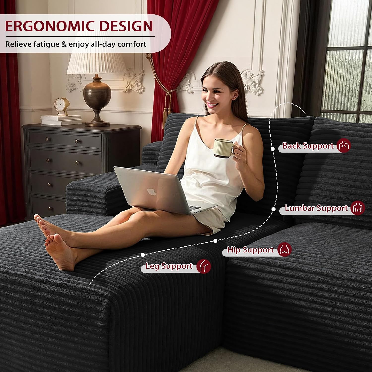 96''Sectional Couches for Living Room,Modern Modular Sectional Sofa,Upholstered Boneless Couch Comfy Cloud Couch with L Shaped Chaise (Black, 96''W Left Facing Chaise)