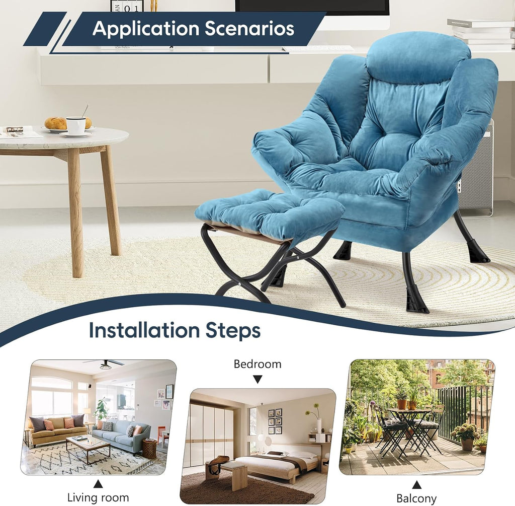 Lazy Chair with Folding Ottoman Modern Large Accent Chair,Contemporary Lounge Leisure Sofa Chair with Armrests Upholstered Sofa Armchair Reading for Bedroom,Dorm & Office(Blue-f)