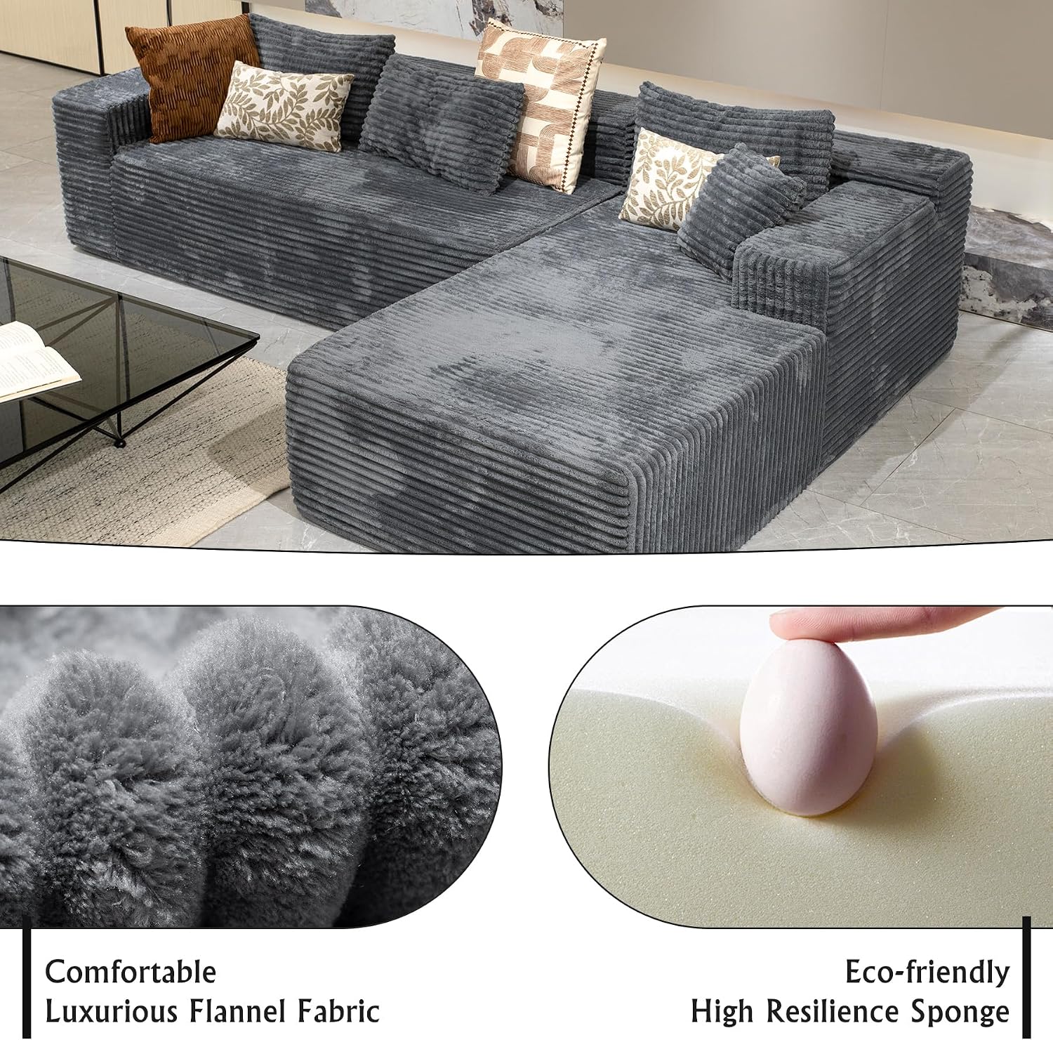 Sectional Couches for Living Room Corduroy Couch, 104' Cloud Boneless Couch with L-Shape Chaise, Modern Modular Sofa, Deep Seat Comfort, No Assembly Required(Plush Corduroy, Right Facing Chaise)