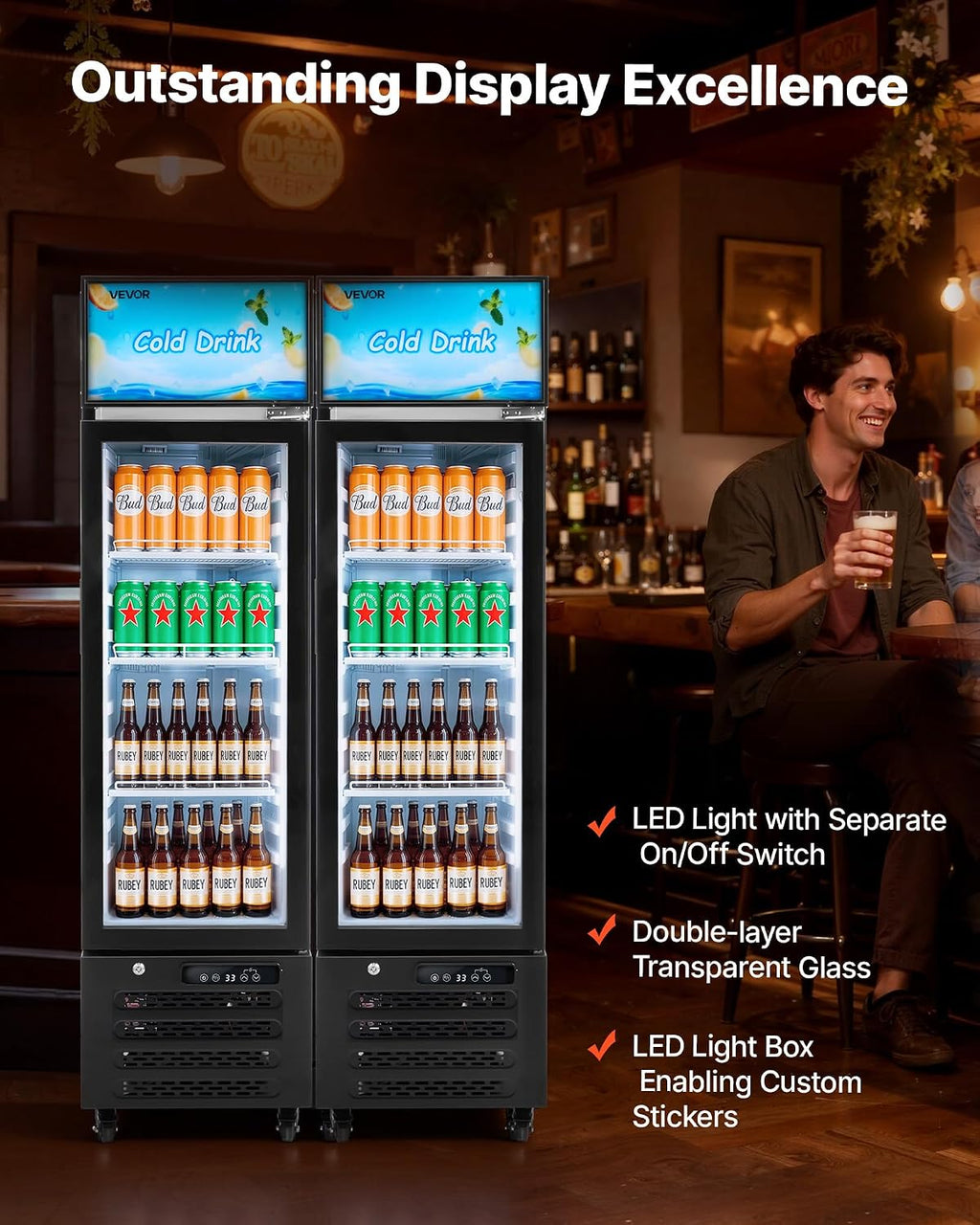 VEVOR Commercial Merchandiser Refrigerator, 6.1 Cu.Ft / 173 L Glass Door Display Refrigerator, Upright Beverage Cooler with Customizable Lightbox, 3 Adjustable Shelves & Soft LED Light for Homes Shops