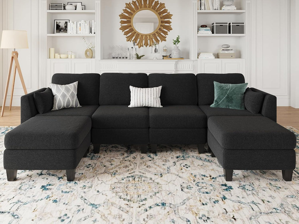 Modular Sectional Sofa, 6 Seaters Modular Sleeper Sofa Couch, Comfy Sectionals Couches Bed, Convertible Sofas with Ottomans, Sectional Couches for Living Room, Black