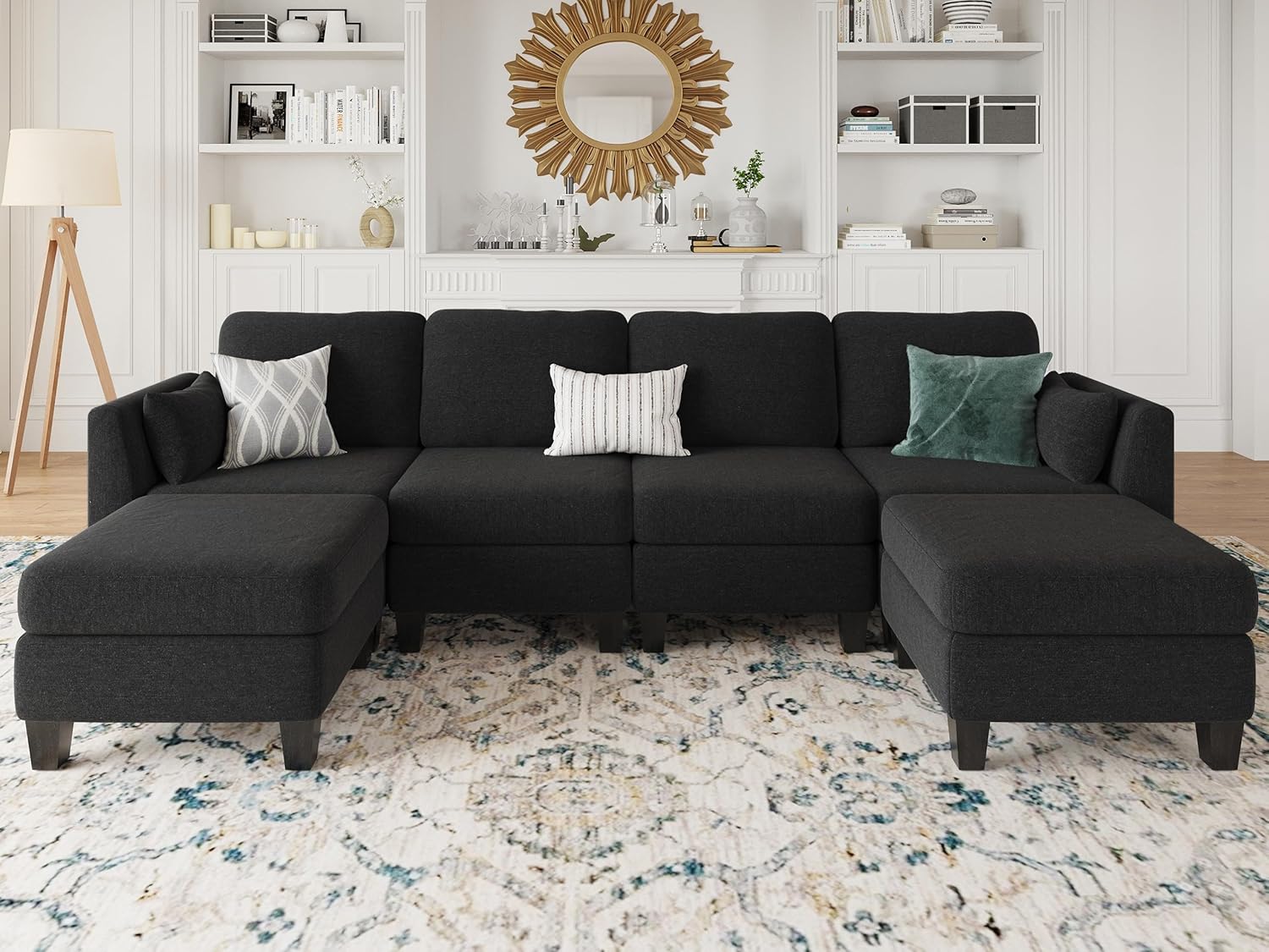 Modular Sectional Sofa, 6 Seaters Modular Sleeper Sofa Couch, Comfy Sectionals Couches Bed, Convertible Sofas with Ottomans, Sectional Couches for Living Room, Black