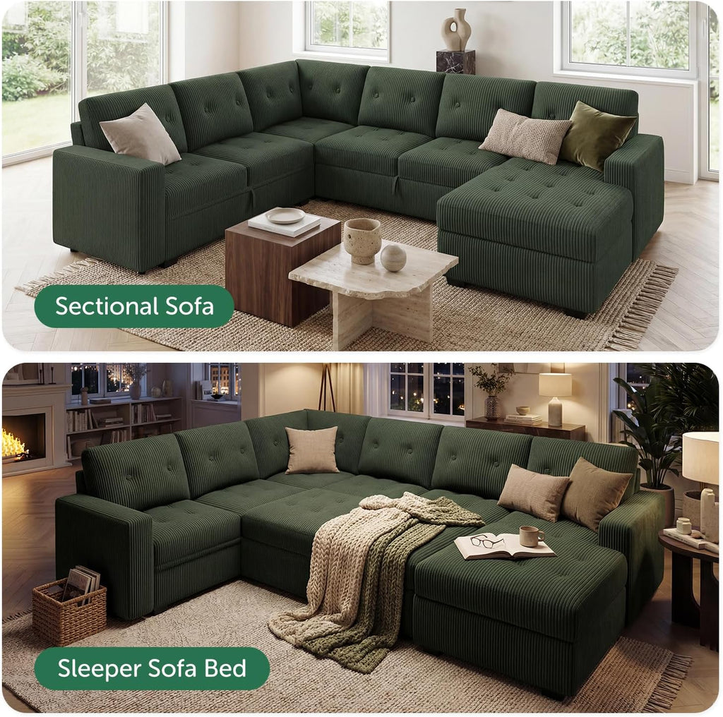 HONBAY Sectional Sleeper Sofa Bed with Storage Chaise, Sleeper Sectional Pull-Out Sofa, Sectional Sleeper Couch for Living Room, Velvet Green