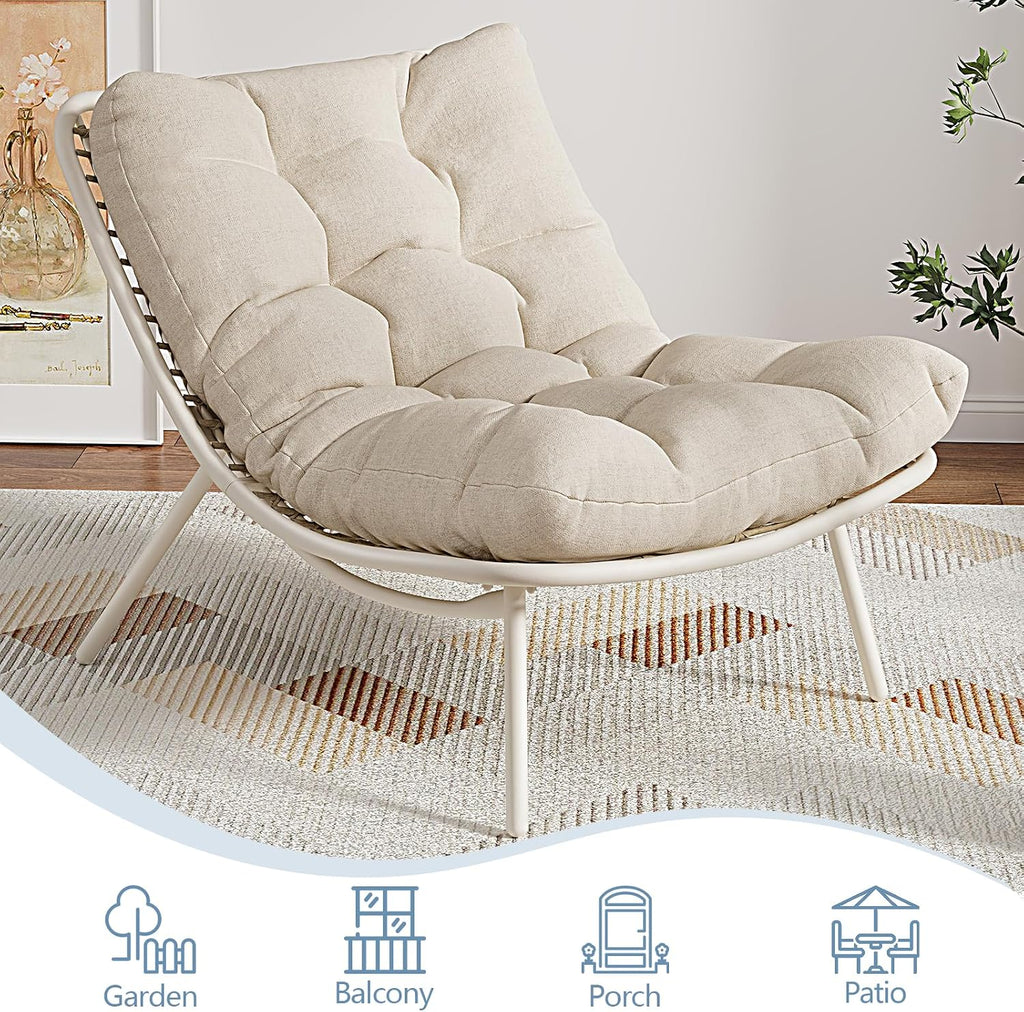 SWITTE Wicker Chaise Lounge Chair, Outdoor Comfy Papasan Recliner with Thick Cushion, Low Seat Patio Rattan Chair for Balcony, Backyard, Poolside - Cream