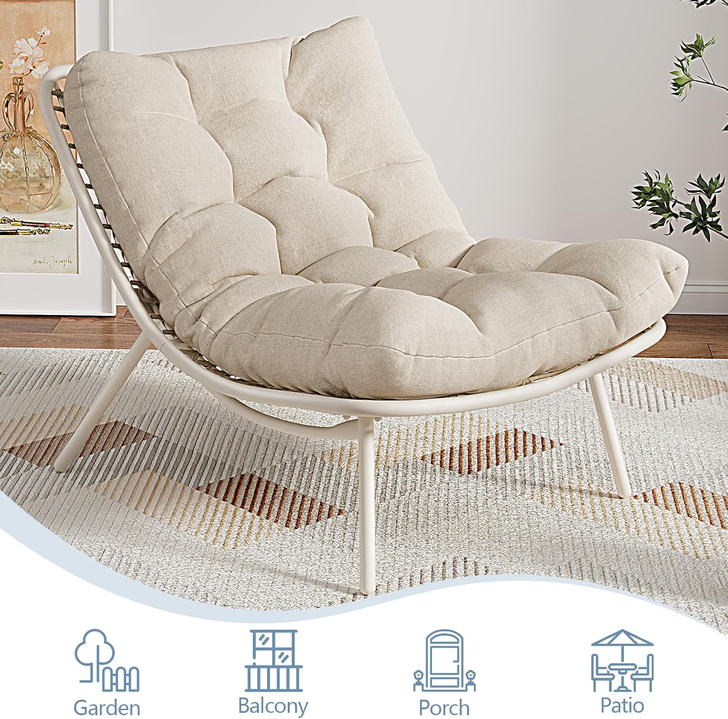 SWITTE Wicker Chaise Lounge Chair, Outdoor Comfy Papasan Recliner with Thick Cushion, Low Seat Patio Rattan Chair for Balcony, Backyard, Poolside - Cream