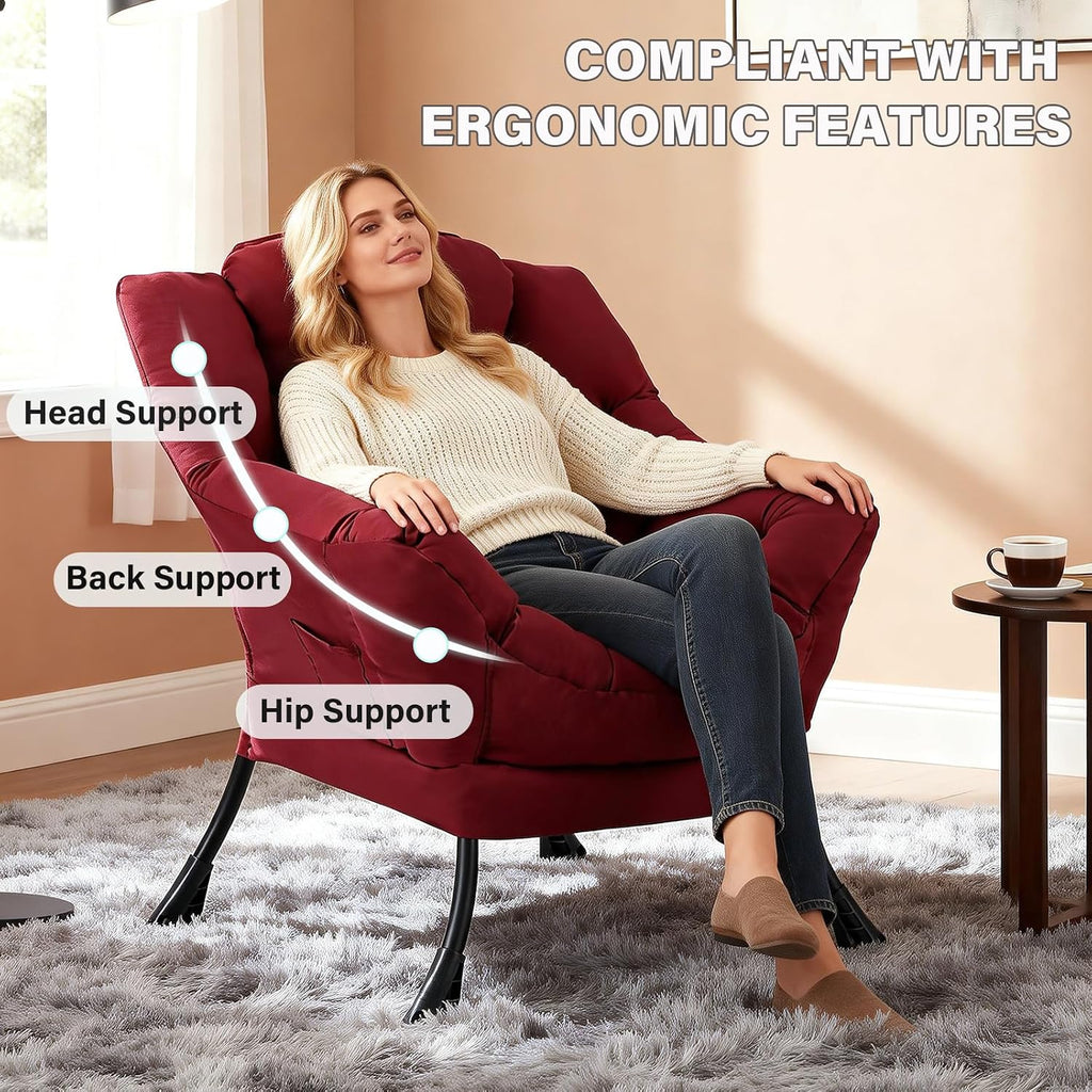 MBOOYOME Lazy Chair, Modern Soft Reading Chair Accent Contemporary Sofa Chair with Armrests and a Side Pocket for Living Room, Bedroom, Dorm & Office, Burgundy