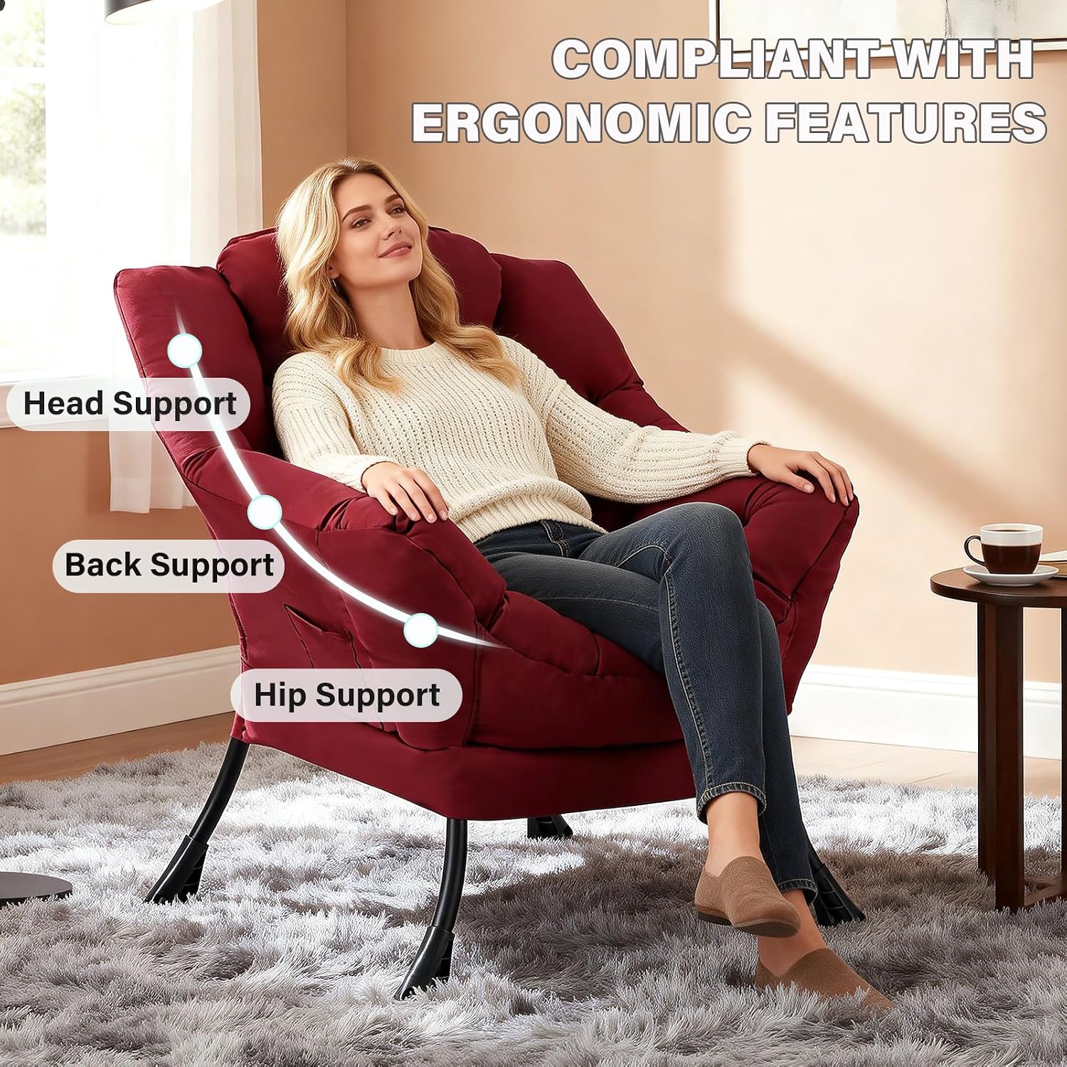 MBOOYOME Lazy Chair, Modern Soft Reading Chair Accent Contemporary Sofa Chair with Armrests and a Side Pocket for Living Room, Bedroom, Dorm & Office, Burgundy