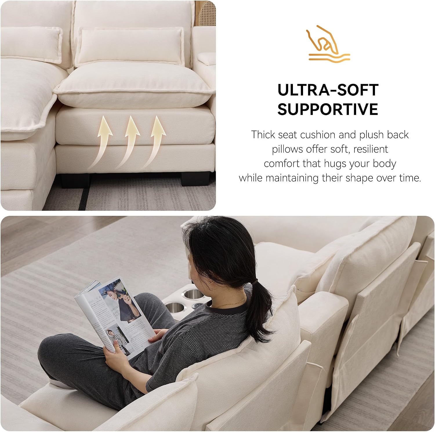 125'' U Shaped Cloud Modular Sectional Sofa with Chaise Lounges, Chenille Upholstered Comfy Couch with Storage Console, USB Charging Ports & Cup Holders, Small Deep Seat Sofa for Living Room, Beige