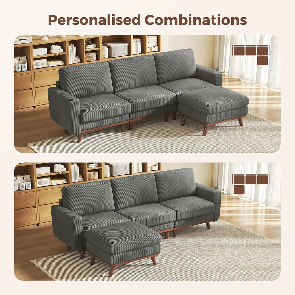 Vesgantti 97' Modular Sectional Sofa Dark Gray, L-Shaped Couch with Movable Ottoman, Comfy Corduroy Couch with Spring Cushion, Modular Sofa with Deep Seat for Living Room, Bedroom and Apartment