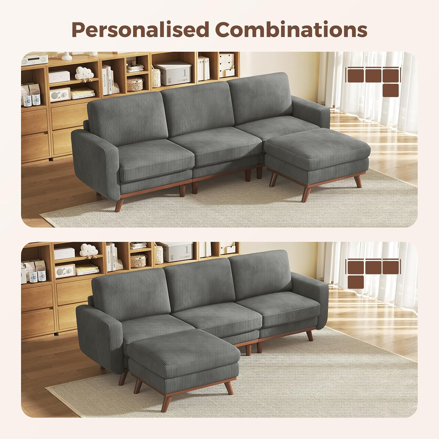 Vesgantti 97' Modular Sectional Sofa Dark Gray, L-Shaped Couch with Movable Ottoman, Comfy Corduroy Couch with Spring Cushion, Modular Sofa with Deep Seat for Living Room, Bedroom and Apartment