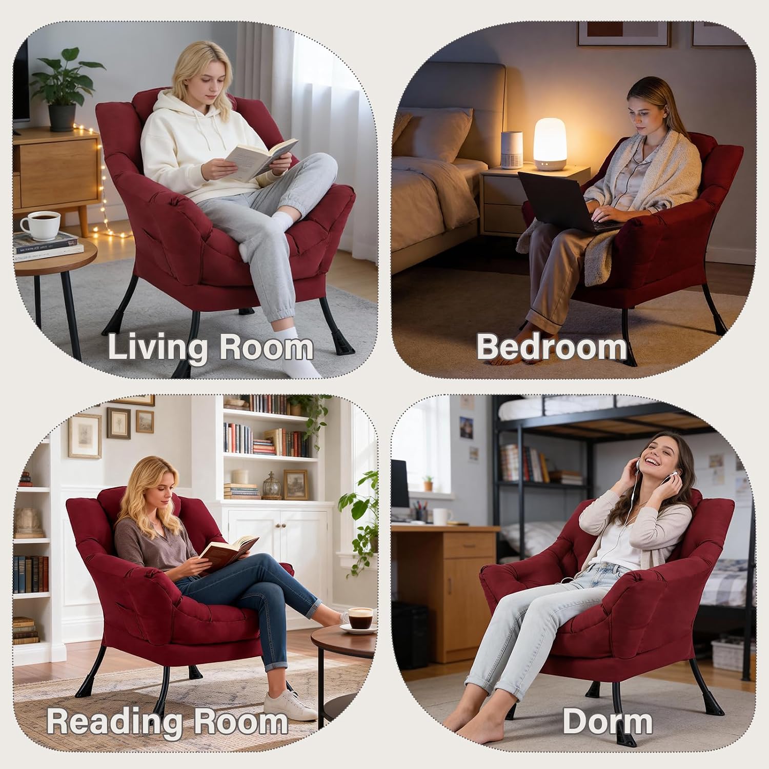 MBOOYOME Lazy Chair, Modern Soft Reading Chair Accent Contemporary Sofa Chair with Armrests and a Side Pocket for Living Room, Bedroom, Dorm & Office, Burgundy