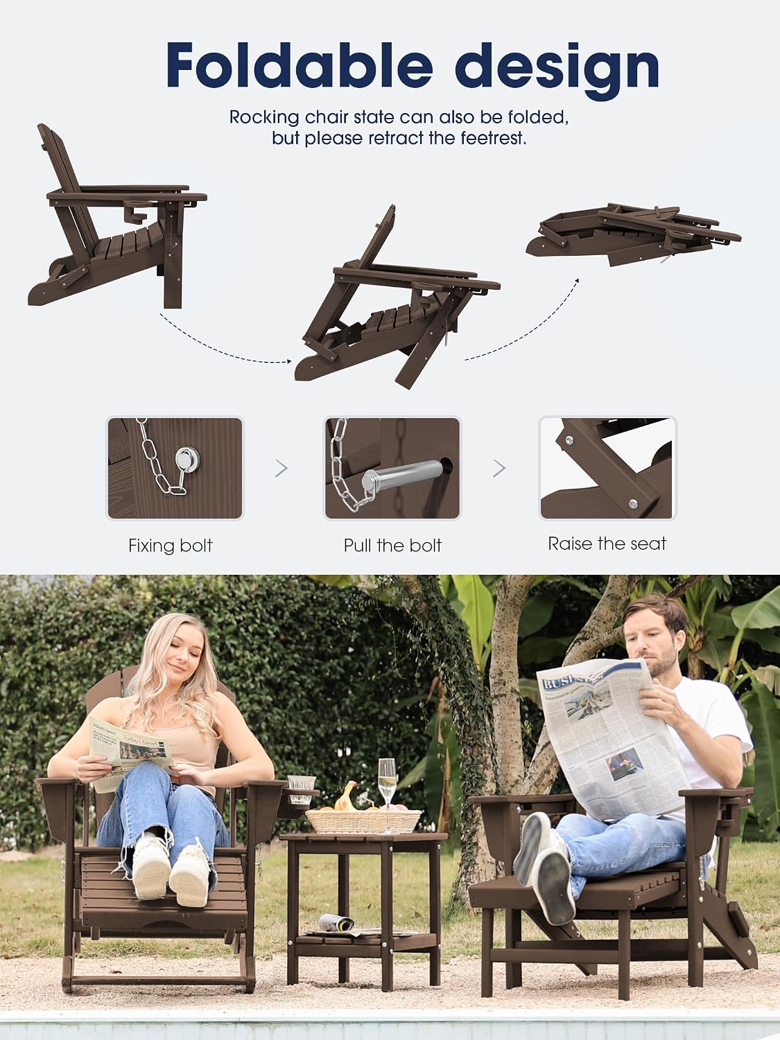 KINGYES Adirondack Rocking Chair with Retractable Ottoman and Cup Holders, HDPE Adirondack Rocker Patio Rocking Chair for Porch, Patio, Balcony, Coffee Brown