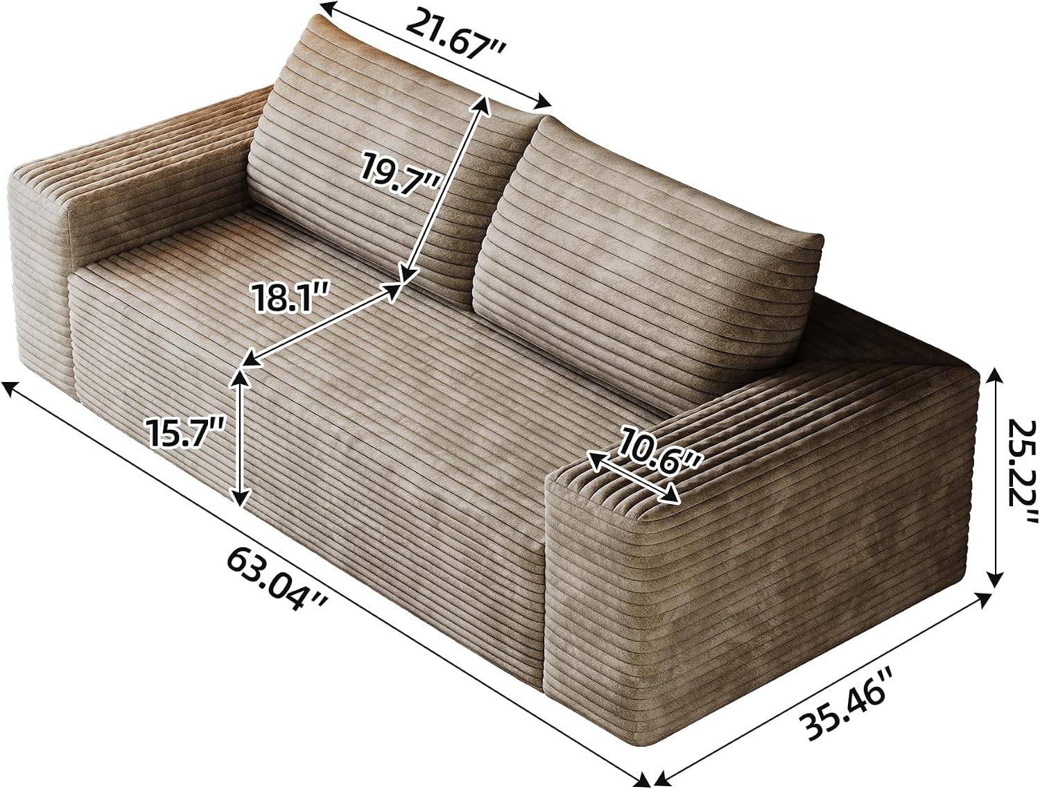 63' Cloud Loveseat Boneless Sofa Couch in a Box, No Assembly Required 2 Seater Foam Compression Couches, Modern Living Room Floor Sofa Couch Corduroy Small Love Seat | Breathable material