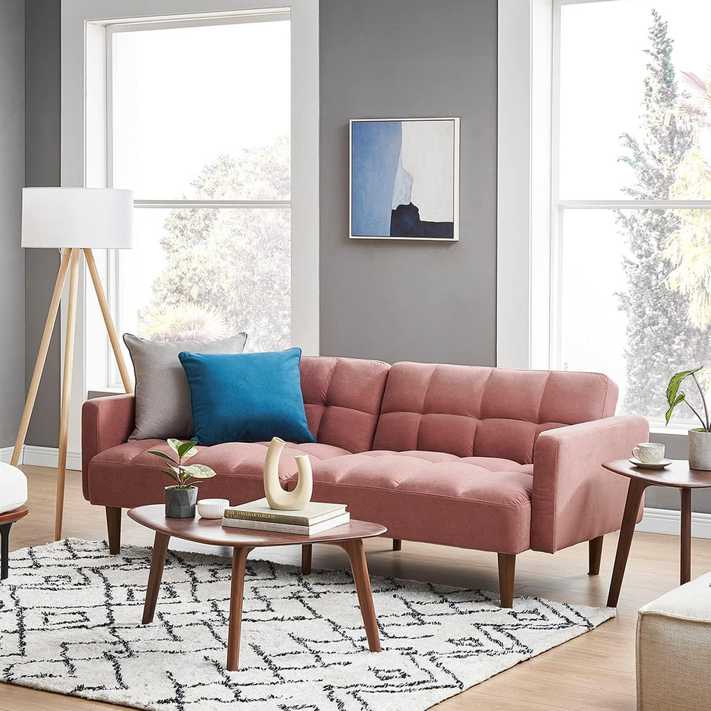 mopio Aaron 76.8' Couch, Small Futon Sofa Bed, Sleeper, Loveseat, Mid Century Modern Futon Couch, Sofa Cama, Couches for Living Room, Bedroom (Old Rosa, Velvet)