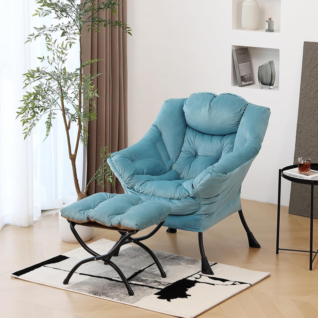 Furlide Lazy Chair with Ottoman, Modern Accent Chairs with Folding Footrest, Velvet Light Blue Sofa Chair Set, Reading Chairs, Oversized Armchairs for Bedroom, Study, Living Room, Courtyard