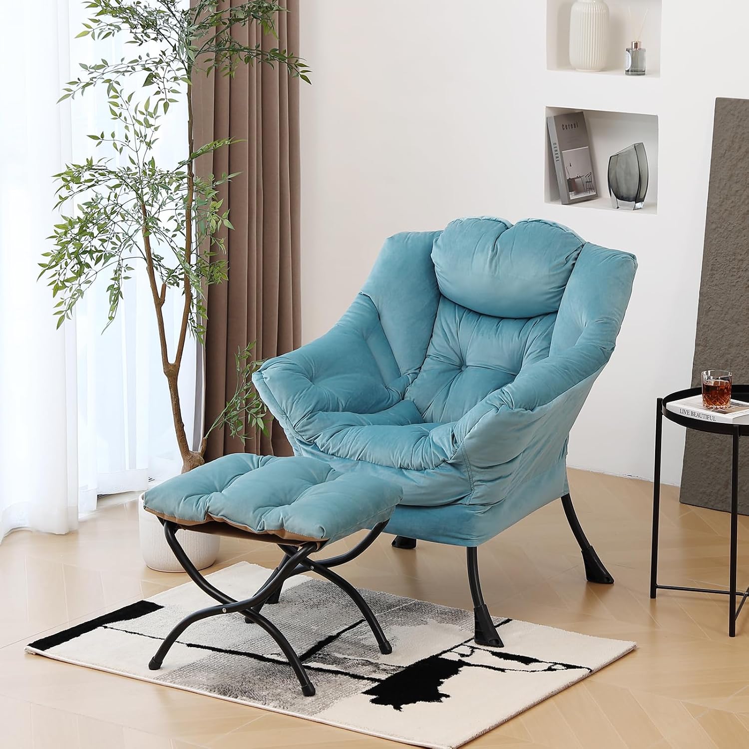 Furlide Lazy Chair with Ottoman, Modern Accent Chairs with Folding Footrest, Velvet Light Blue Sofa Chair Set, Reading Chairs, Oversized Armchairs for Bedroom, Study, Living Room, Courtyard