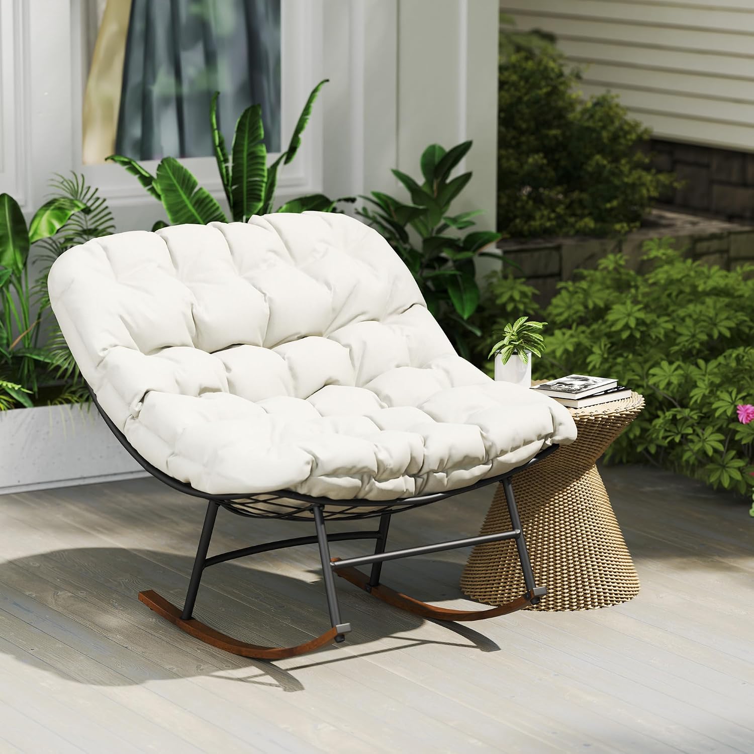 Outsunny Outdoor Rocking Chair Set of 2, Oversized Rocking Papasan Chairs with Cushions, Steel Frame, Comfy Outdoor Rockers for Patio Porch Lawn Garden, Beige