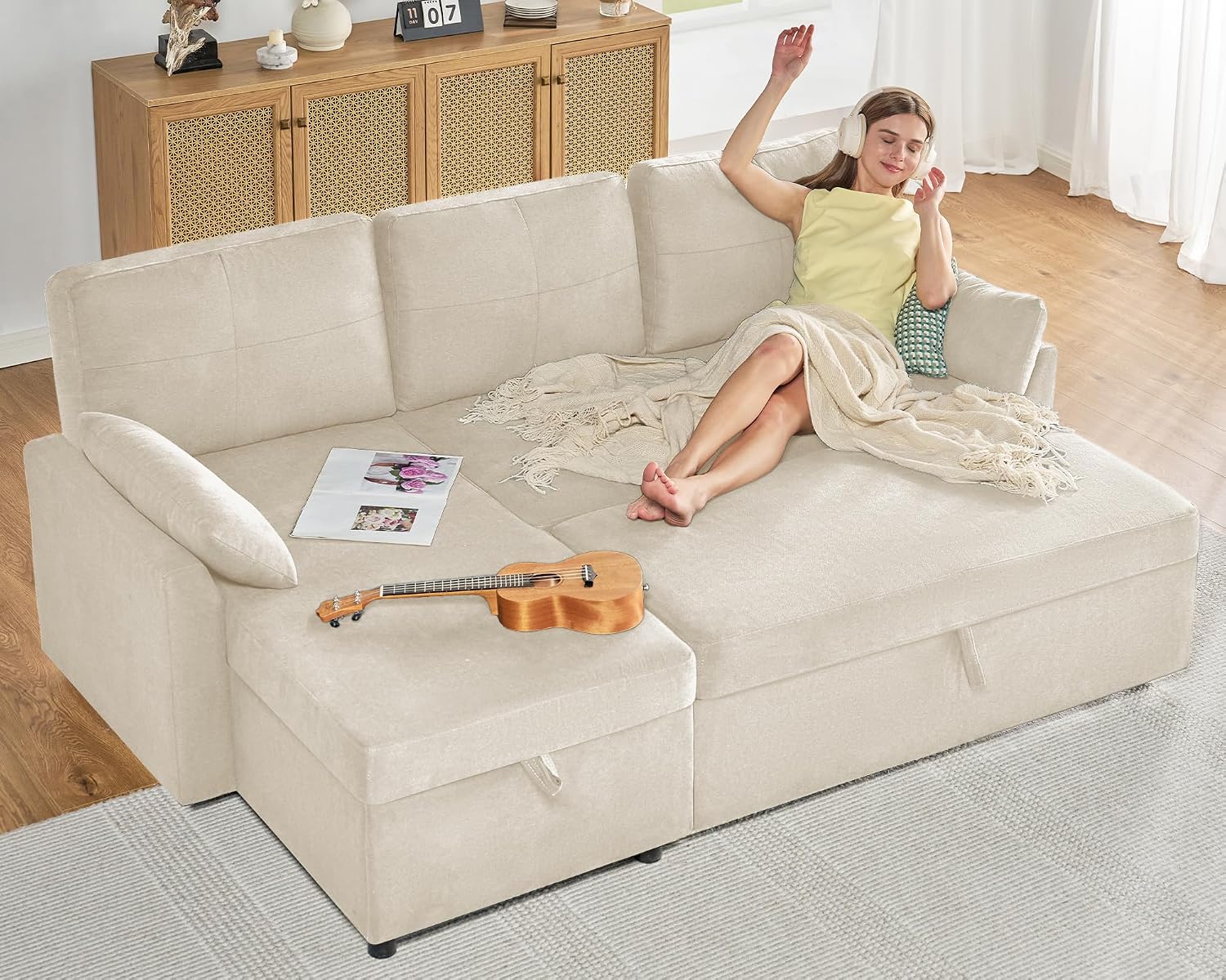 AMERLIFE Sofa Bed, 2-in-1 Sleeper Sofa with Storage Chaise, Pull Out Sofa Couch for Apartment Living Room, Linen Beige