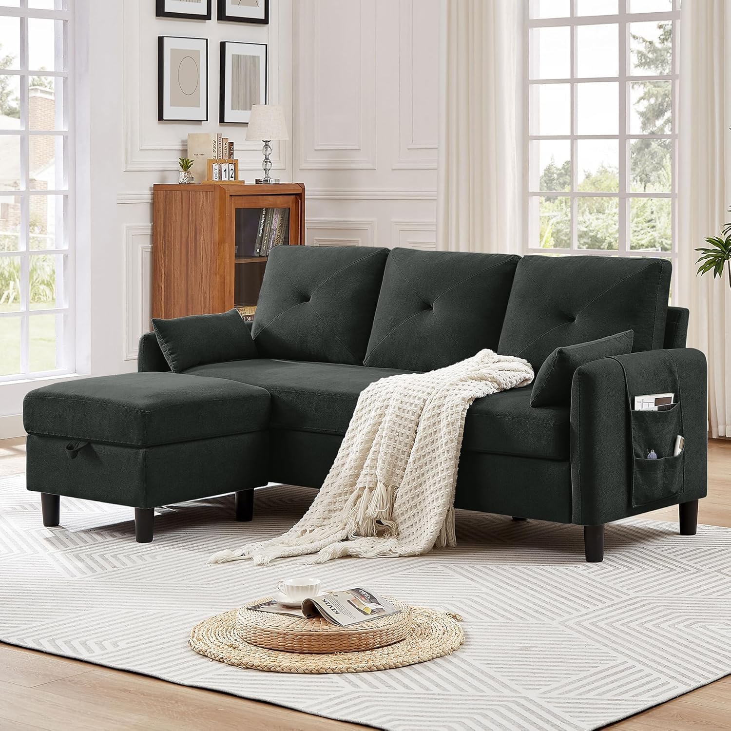 Convertible Sectional Sofa, 77' Small L Shaped 3 Seat Couch with Reversible Storage Chaise, Modern Polyester Fabric Sofa Couches for Living Room, Apartment and Small Space, Black