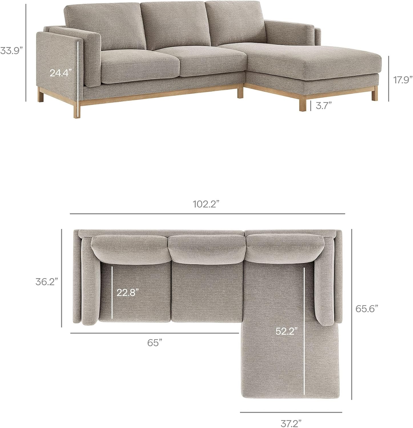 Modway Roscoe Right-Facing Sectional Sofa with Chaise in Pewter - 2-Piece Mélange Chenille Fabric Deep Seat Couch, L Shaped Modular for Living Room or Lounge
