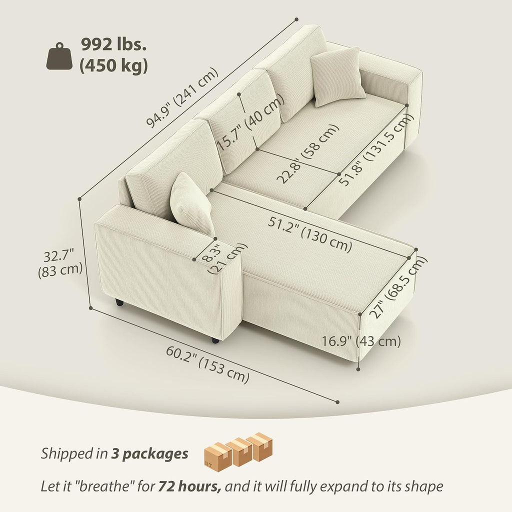 HOMCOM 95' Sectional Sofa with Reversible Chaise Lounge, L-Shaped Corner Sofa with Corduroy Fabric, Pocket Spring, 2 Pillows, Wide Arm, Thick Padded, 3 Seat Couch for Living Room, Cream White