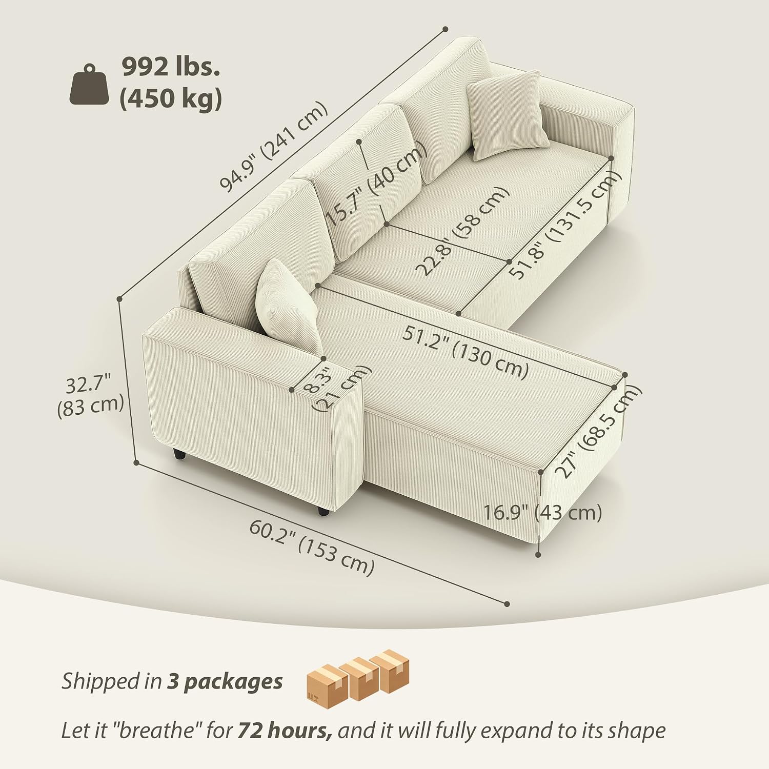 HOMCOM 95' Sectional Sofa with Reversible Chaise Lounge, L-Shaped Corner Sofa with Corduroy Fabric, Pocket Spring, 2 Pillows, Wide Arm, Thick Padded, 3 Seat Couch for Living Room, Cream White