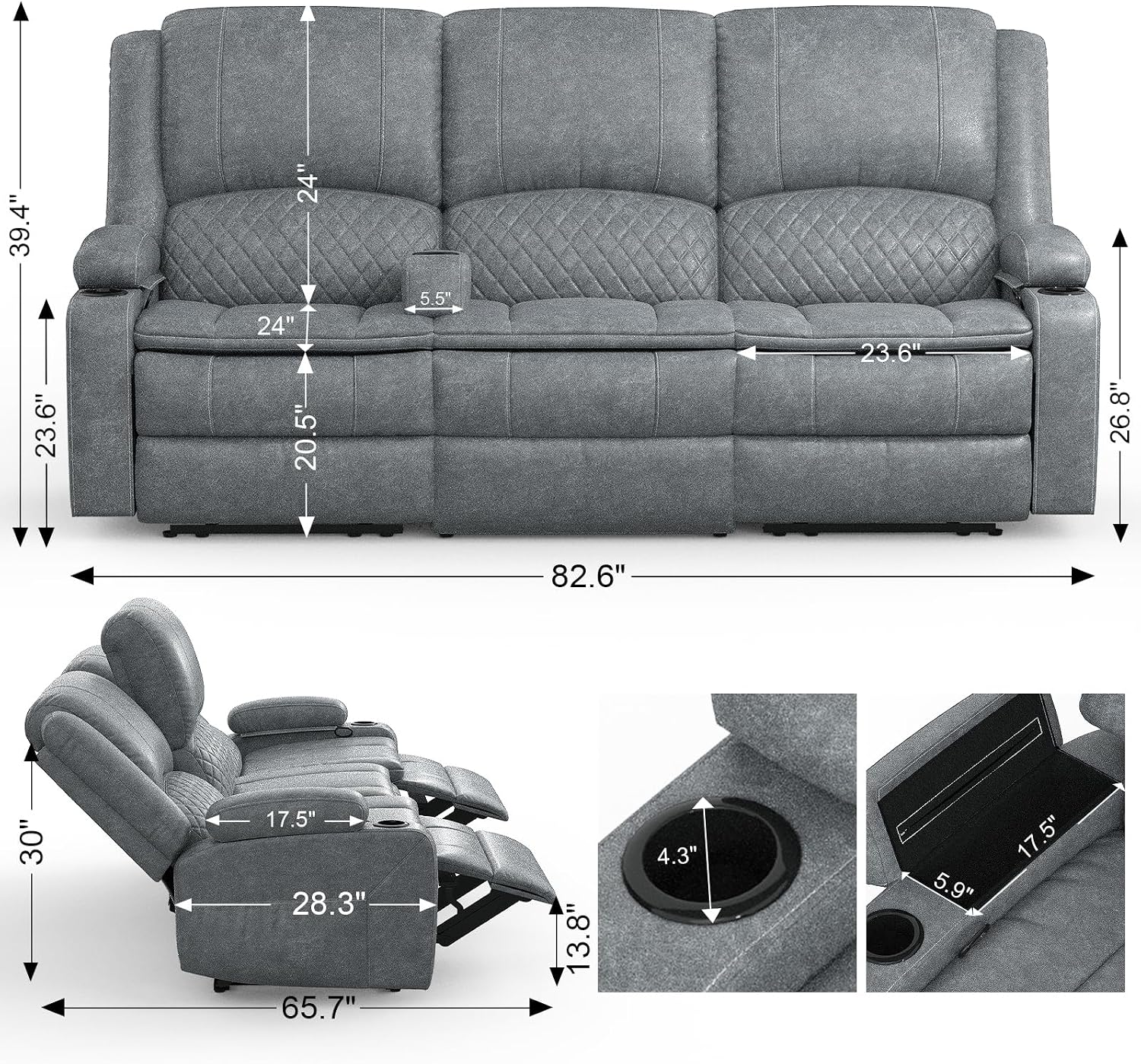 Yolsali 3-Seater Recliner Sofa, Manual Reclining Couch with Multi-Functional Middle Seat, Reclining Sofa for Living Room with Hidden Storage Space, Cup Holders, and Removable Console