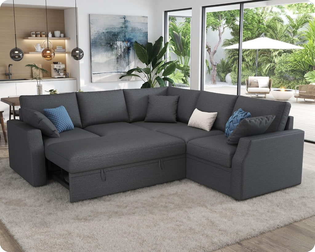AMERLIFE Sofa Bed, 85 Inch Reversible L Shape Couch with Pull Out Bed & Storage Seat, Oversized Sectional Sleeper Bed for Living Room Apartment, Grey Linen Sleeper Sofa Couch