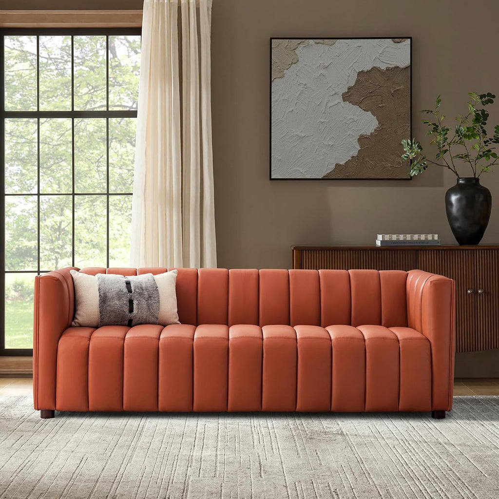 HULALA HOME 83' Genuine Leather Sofa with Channel Tufted Design, 3-Seater Sofa for Living Room Bedroom, Modern Oversized Couch with Wood Legs, Brick