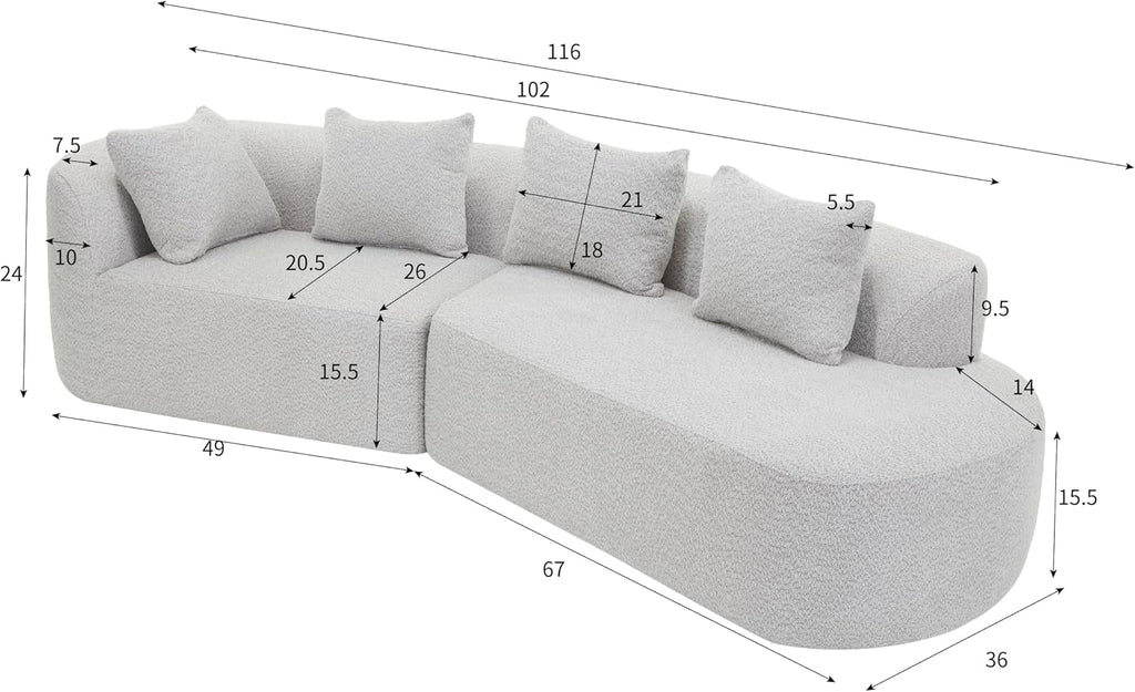 Christopher Knight Home Randa 116' Upholstered Sectional Sofa, 5-Seater Oversized Chair Cloud Couch, Fully Assembled Long Sofa Chaise Lounge, Fully Assembled, White Gray