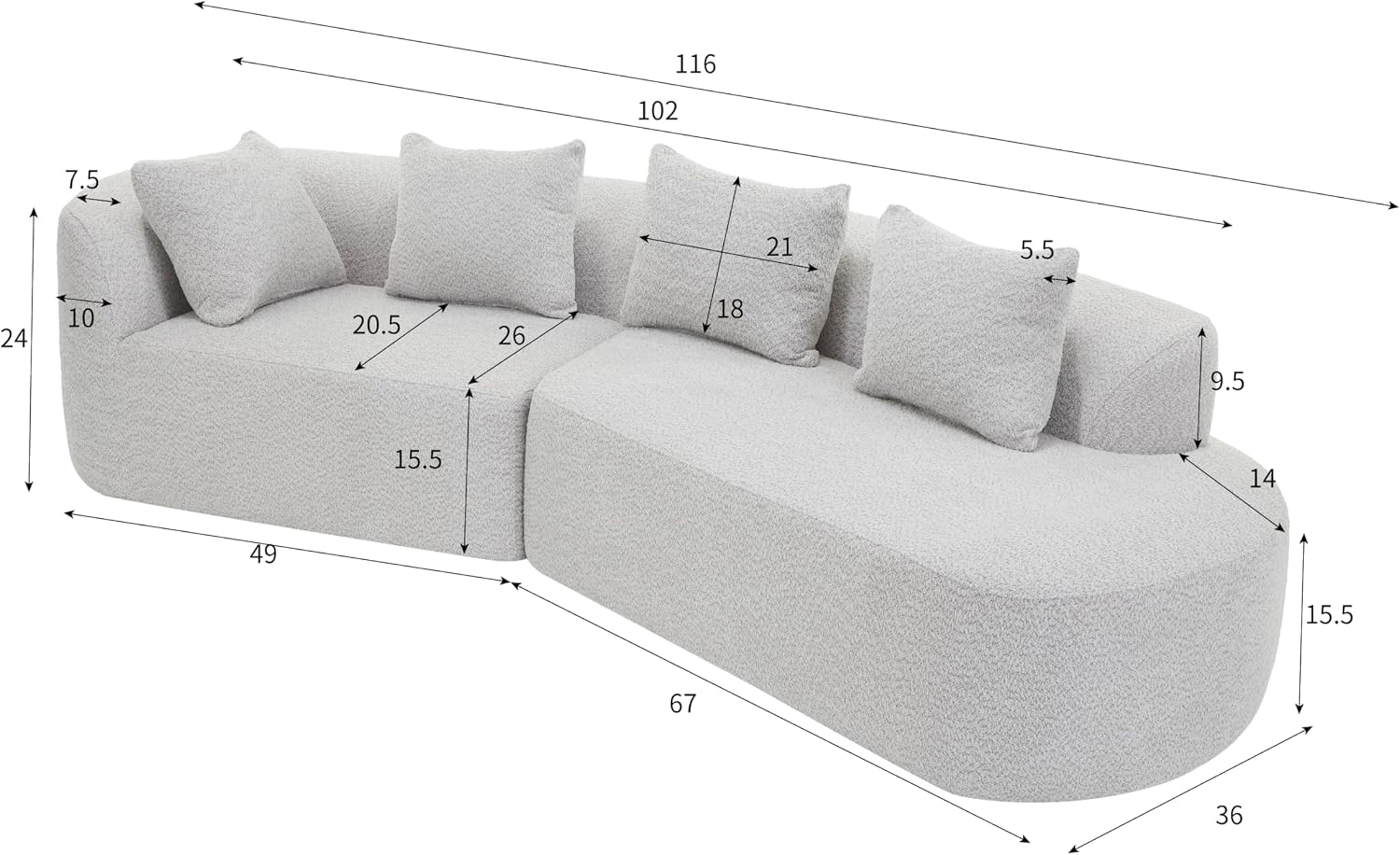 Christopher Knight Home Randa 116' Upholstered Sectional Sofa, 5-Seater Oversized Chair Cloud Couch, Fully Assembled Long Sofa Chaise Lounge, Fully Assembled, White Gray