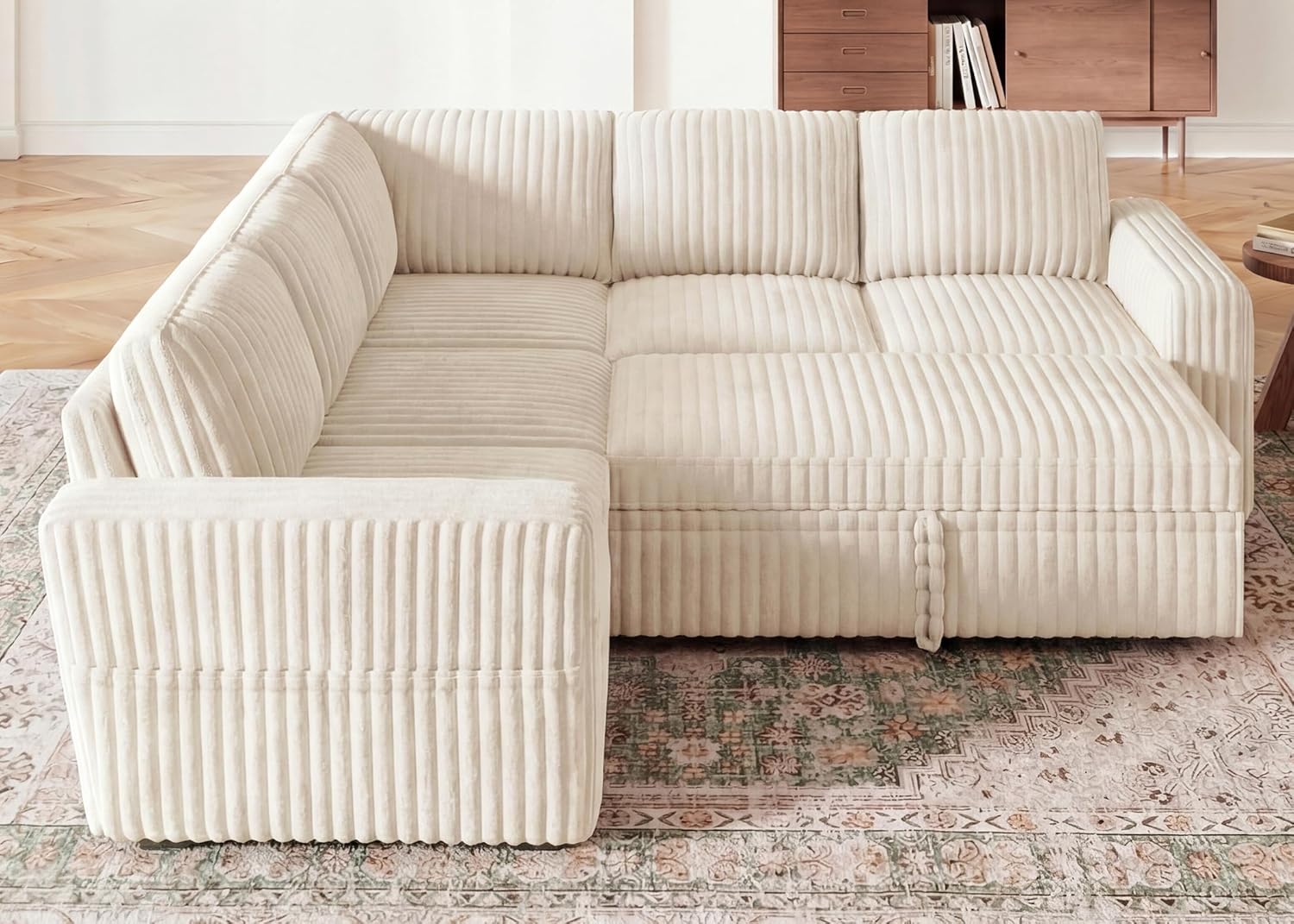 HONBAY Modular Sectional Sleeper Sofa with Pull Out Bed,Corduroy L Shaped Couch with Storage, Sectional Couches for Living Room,Beige